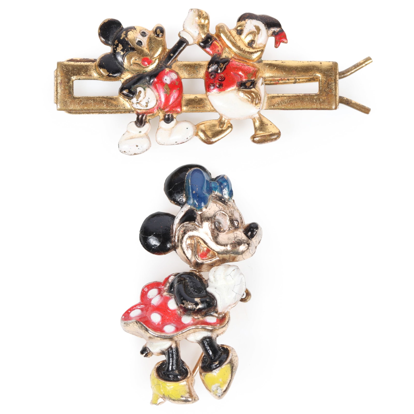 Walt Disney 2pc group with Coro Minnie Mouse enamel trembler head brooch and 1940's unsigned (1 of 6)