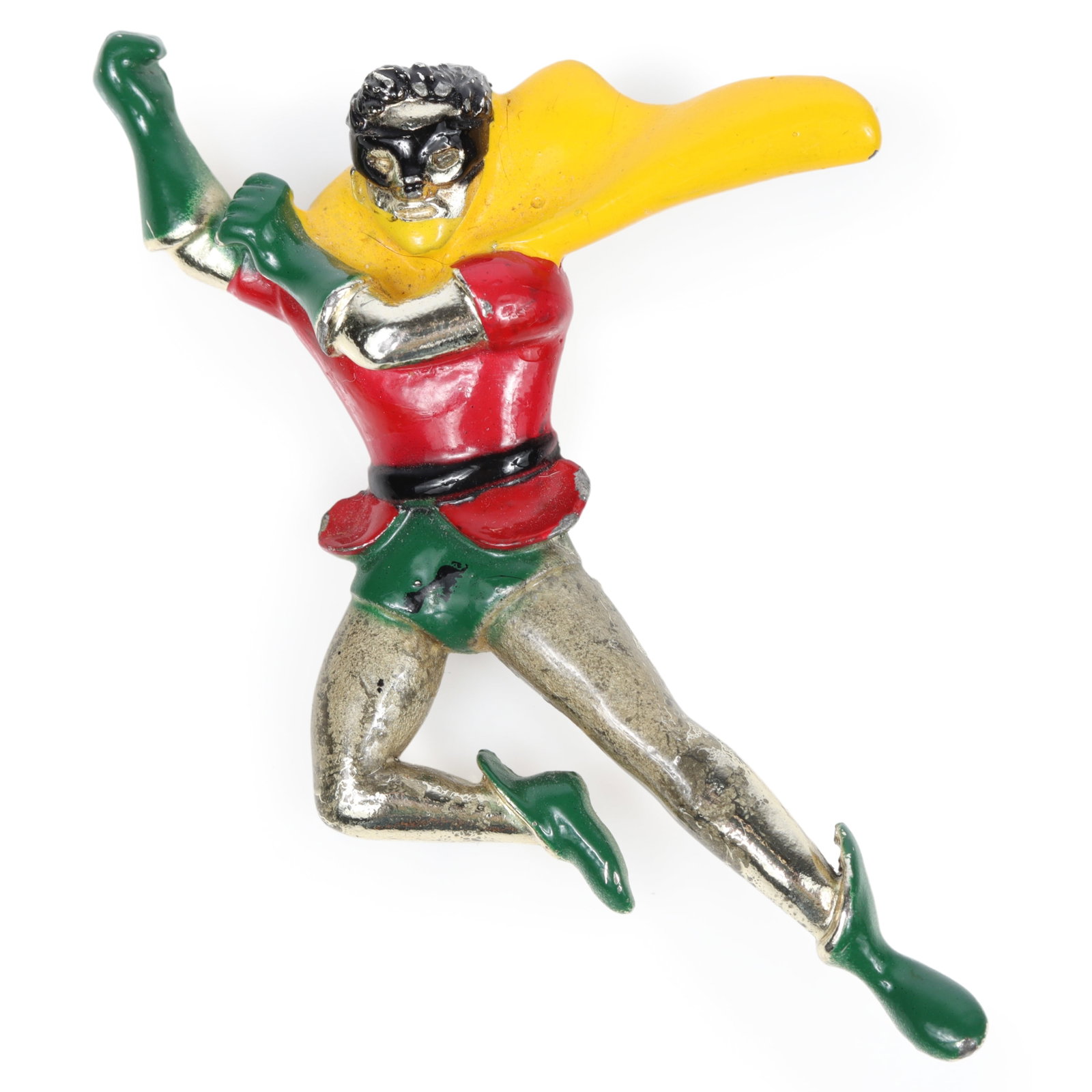 Vintage NPP, Inc. enameled lapel pin brooch from 1966 depicting DC Comics' Robin the Boy Wonder in a: Vintage NPP, Inc. enameled lapel pin brooch from 1966 depicting DC Comics' Robin the Boy Wonder in a dynamic action pose 2 1/2"H x 1 1/2"W