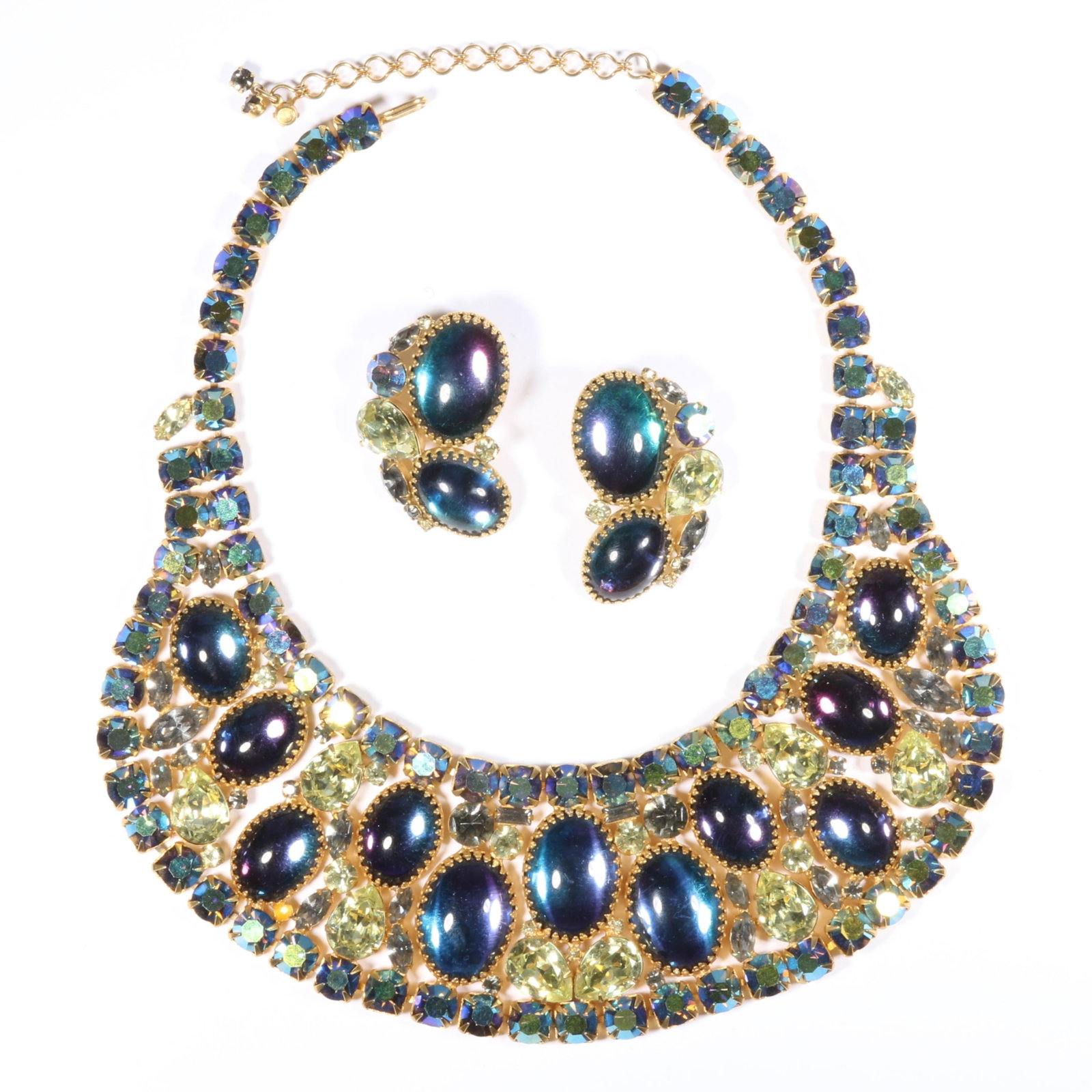 D & E Juliana fabulous bib necklace and matching earrings with teal and purple art glass cabochons,: D & E Juliana fabulous bib necklace and matching earrings with teal and purple art glass cabochons, lemon yellow jewels, and aurora borealis rhinestones Approx. 16 1/4"L x 2 1/4"W (necklace)
