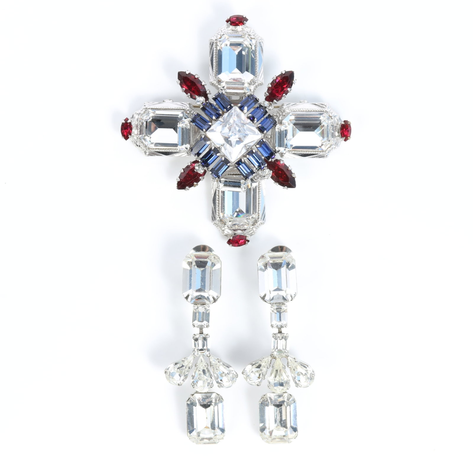 Schreiner 2pc group: Maltese cross pendant brooch with red, blue, and diamante rhinestones, and: Schreiner 2pc group: Maltese cross pendant brooch with red, blue, and diamante rhinestones, and complementary drop earrings Pendant brooch is unsigned 3 1/8"H x 3 1/8"W brooch