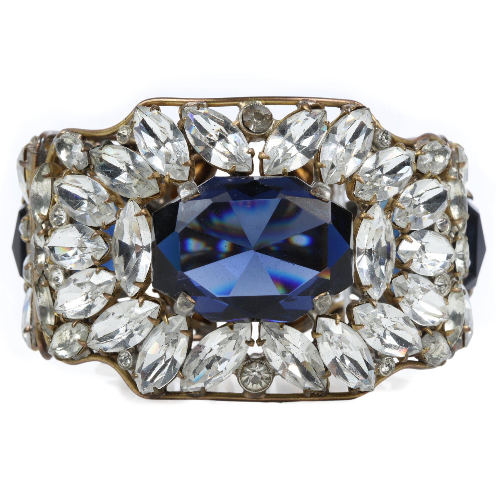 Fabulous Austro-Hungarian book piece panel bracelet with large oval sapphire jewels and navette: Fabulous Austro-Hungarian book piece panel bracelet with large oval sapphire jewels and navette crystals "Fabulous Fakes" by Carole Tanenbaum, pg. 21 1 3/4"W x 2 1/2" Inner Diam.