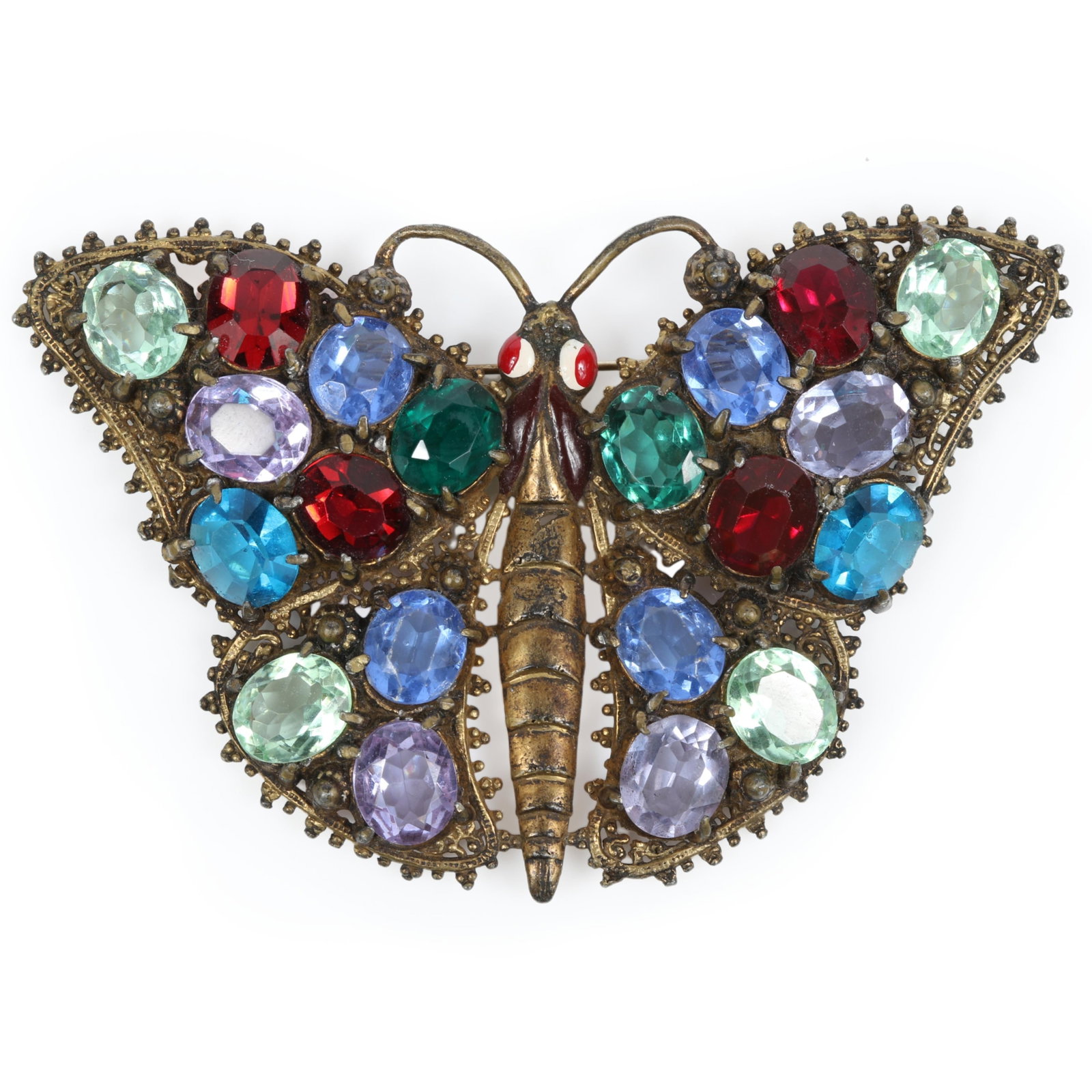 Large whimsical Art Deco Czech glass book piece butterfly brooch with multi colored jewels and: Large whimsical Art Deco Czech glass book piece butterfly brooch with multi colored jewels and painted eyes "Fabulous Fakes" by Carole Tanenbaum, pg. 59 2 1/2"H x 4"W
