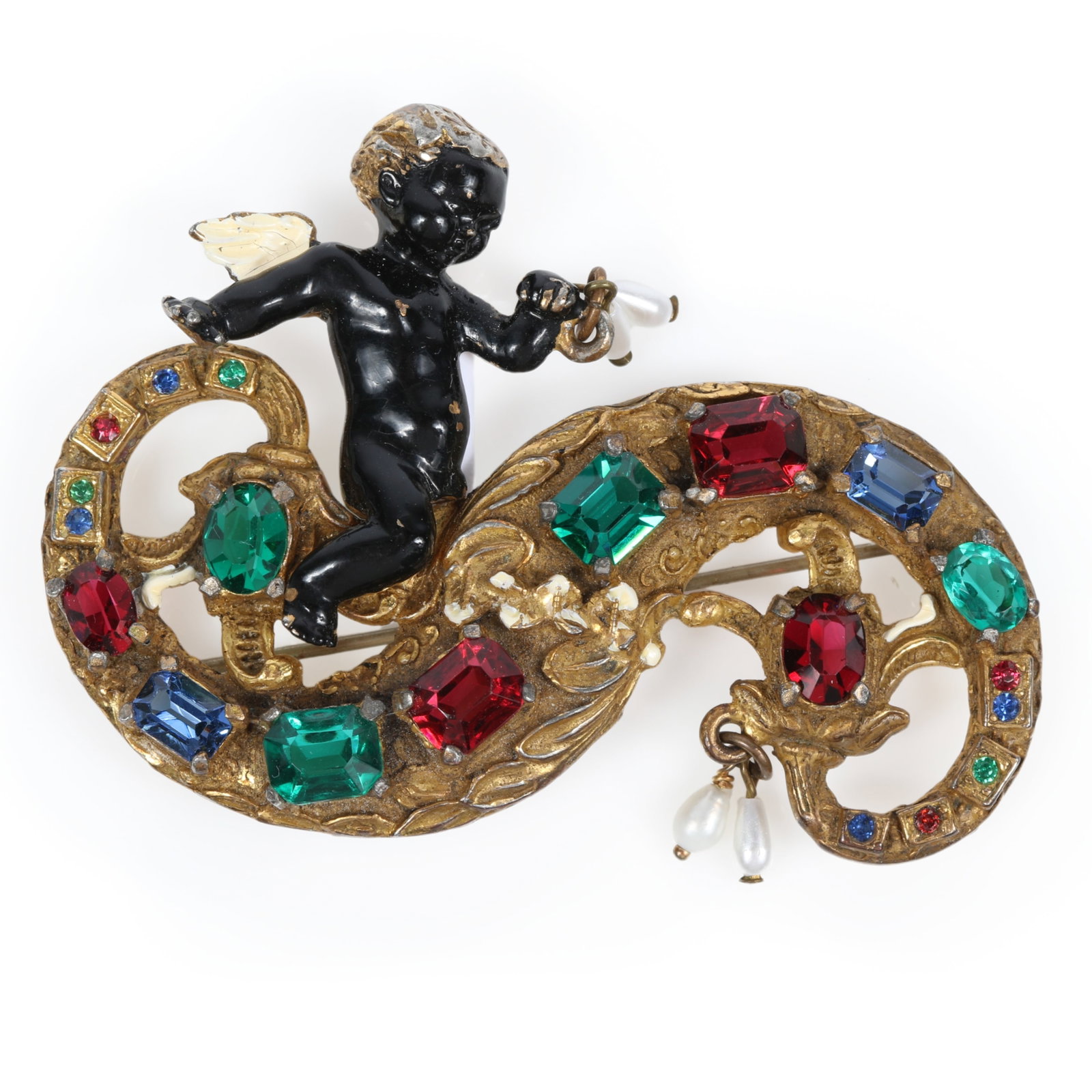 Art Deco Retro Baroque Revival brooch with large enameled cherub, multi colored unfoiled jewels, and: Art Deco Retro Baroque Revival brooch with large enameled cherub, multi colored unfoiled jewels, and faux pearl dangles 2 1/4"H x 2 7/8"W