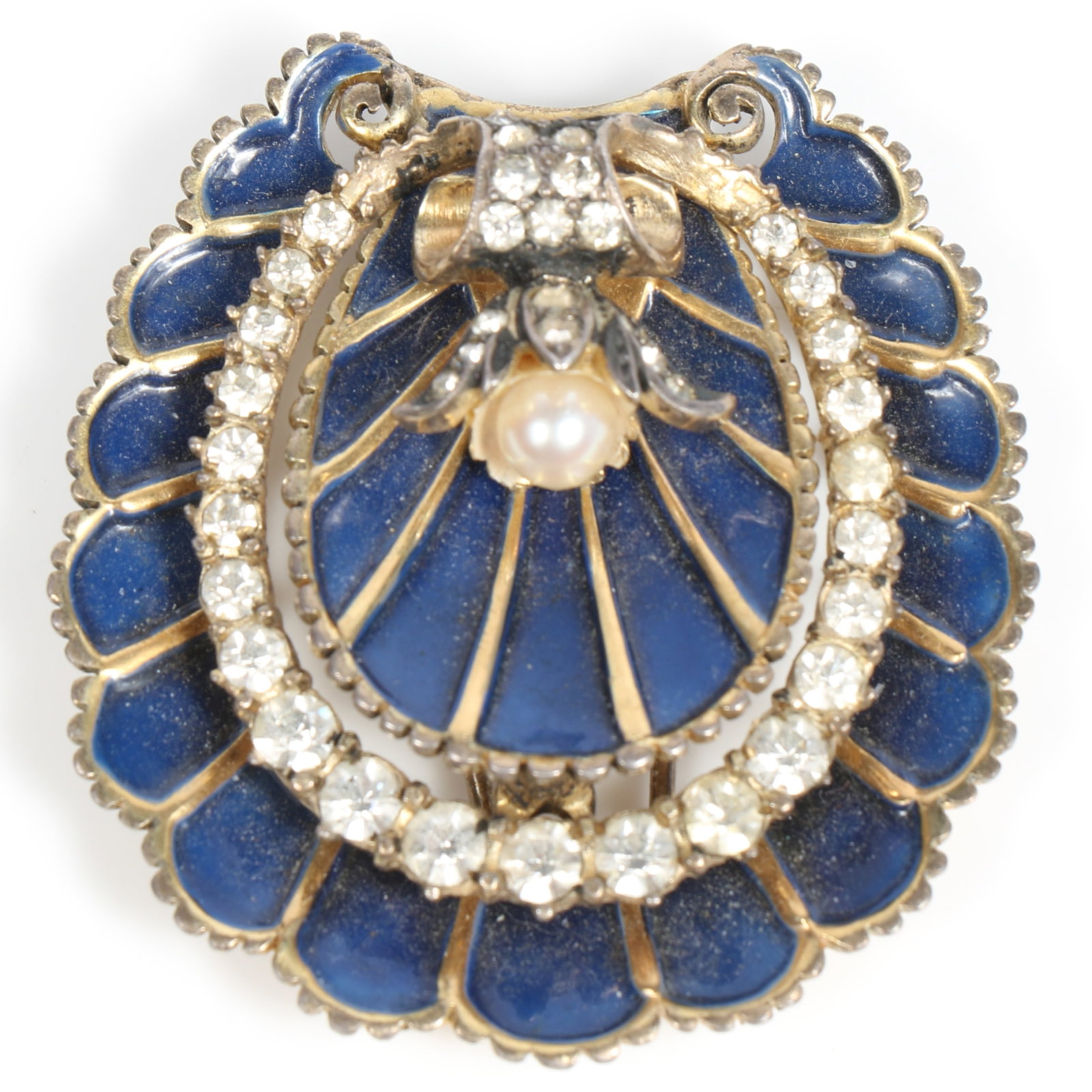 DeRosa blue enameled shell fur clip with diamante rhinestones and faux pearl 1 3/4"H x 1 3/4"W (1 of 5)