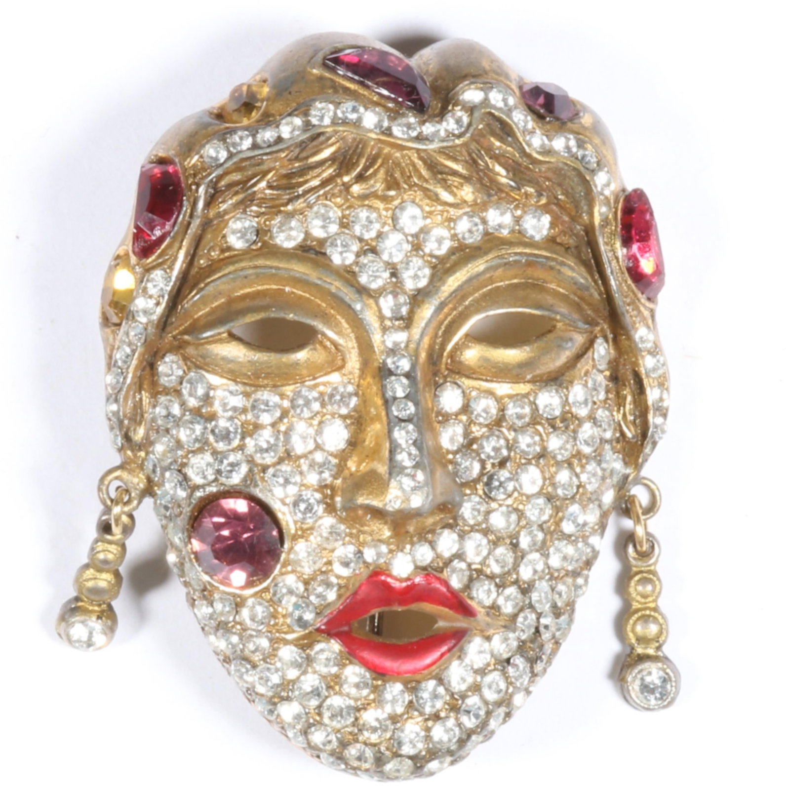 Reinad? Dimensional Art Deco Retro mask brooch with jewel studded and pave rhinestone face, and: Reinad? Dimensional Art Deco Retro mask brooch with jewel studded and pave rhinestone face, and movable drop earrings 2"H x 1 1/2"W
