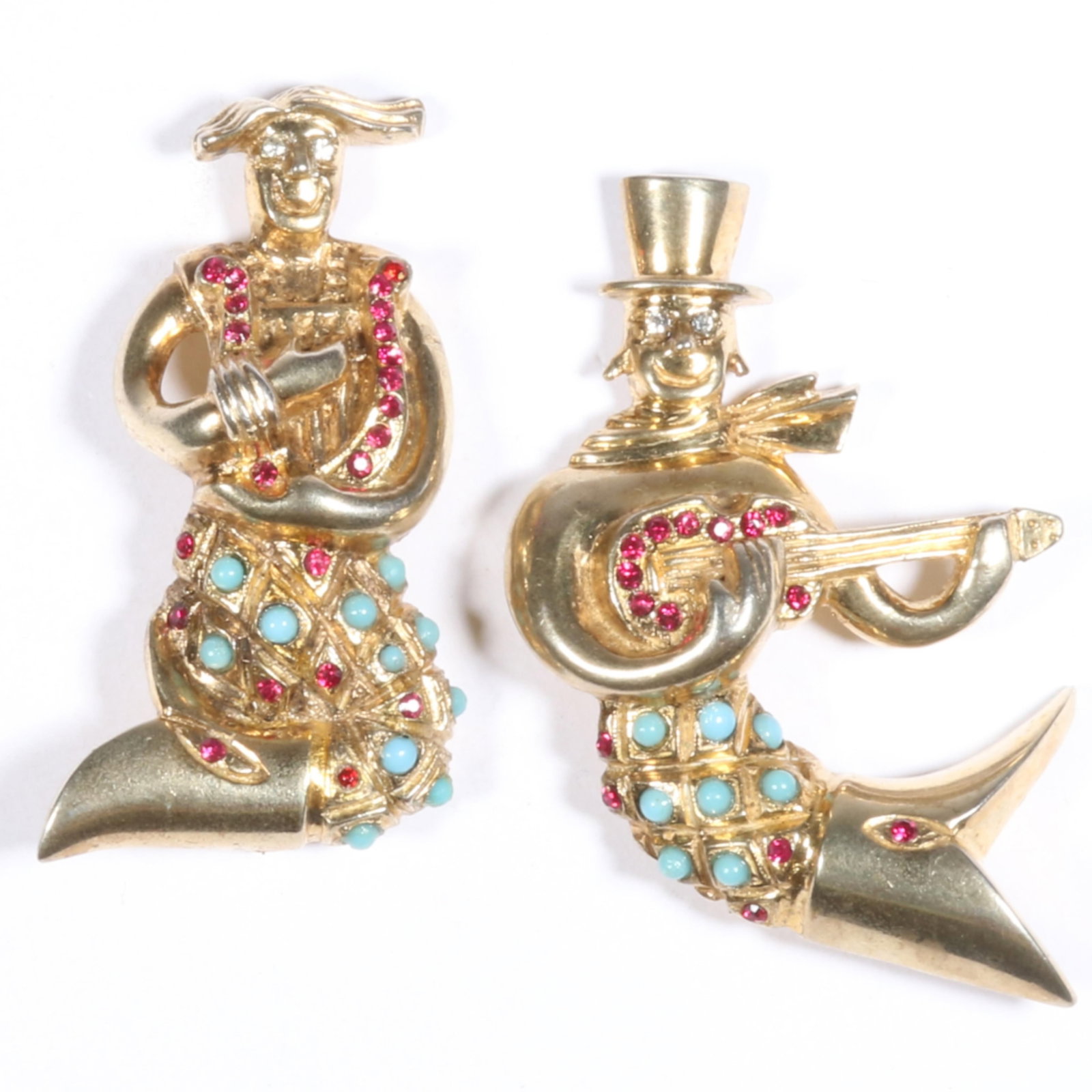 Pair of retro sterling vermeil figural mermaid and merman brooches playing instruments with faux: Pair of retro sterling vermeil figural mermaid and merman brooches playing instruments with faux turquoise cabochons, and pink rhinestone crystal detail 2 1/4"H x 1 1/4"W (mermaid)