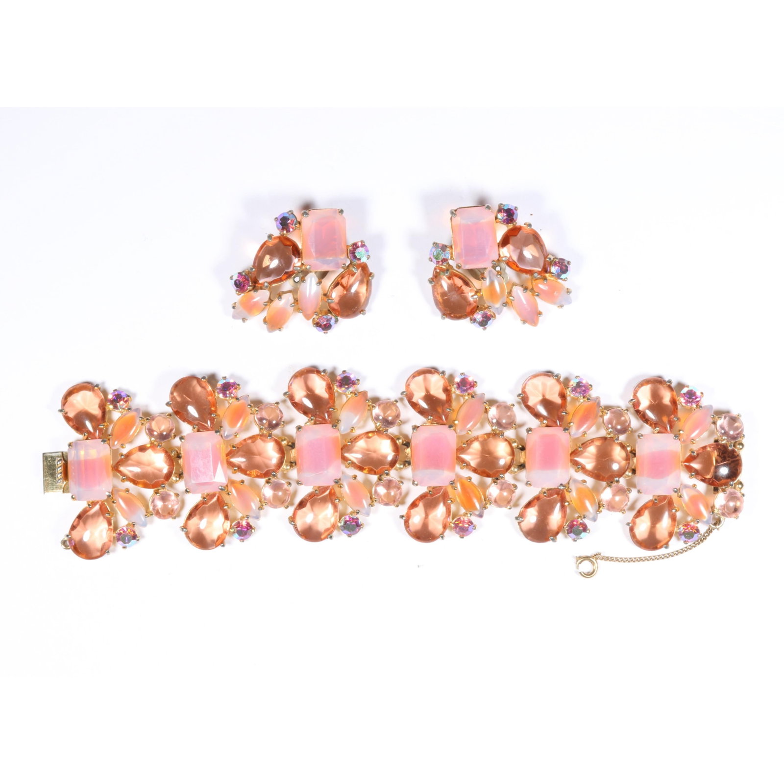 Schiaparelli bracelet and earrings demi parure with coral and orange colored art glass jewels 8"L x: Schiaparelli bracelet and earrings demi parure with coral and orange colored art glass jewels 8"L x 2"W (bracelet)