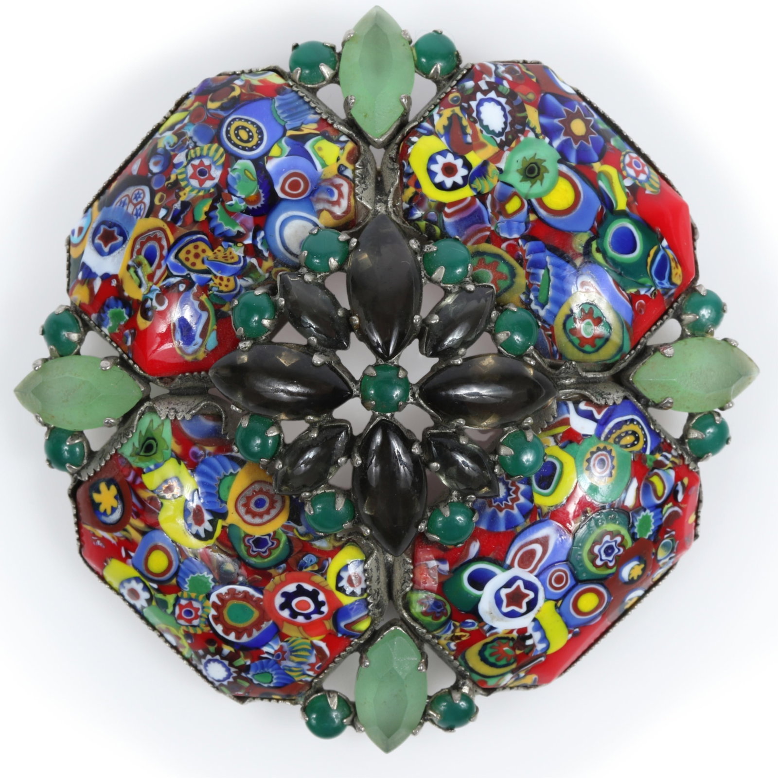 Rare and spectacular Schreiner New York 1960's book piece millefiori pendant brooch with navette: Rare and spectacular Schreiner New York 1960's book piece millefiori pendant brooch with navette stones in shades of green "Schreiner: Masters of Twentieth-Century Costume Jewelry" by Carole Tanenbaum