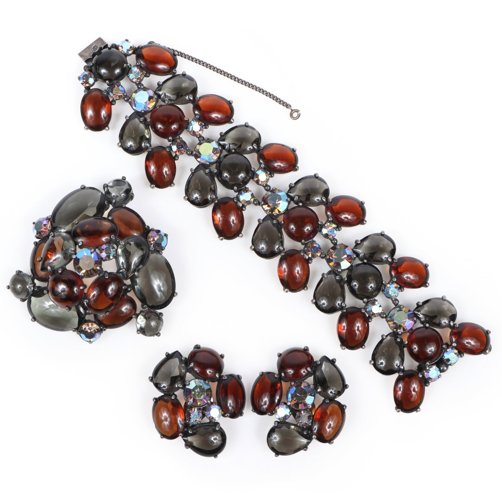 Schiaparelli parure with deep amber and smokey grey glass cabochons, and aurora borealis (1 of 8)