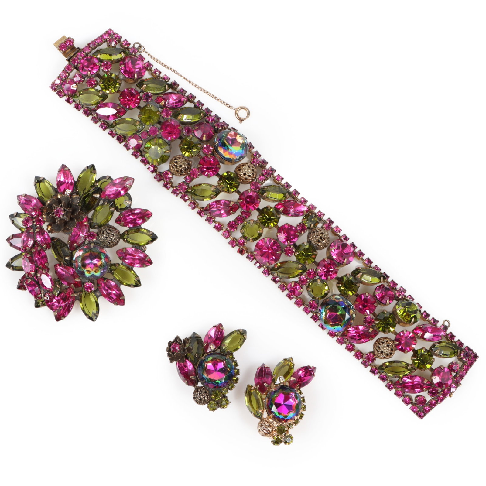 D & E Juliana parure with watermelon tourmaline, pink, and green rhinestone crystals, includes book: D & E Juliana parure with watermelon tourmaline, pink, and green rhinestone crystals, includes book piece bracelet, brooch, and earrings "Fabulous Fakes" by Carole Tanenbaum, pg. 176 7 1/2"Long x 1 1/