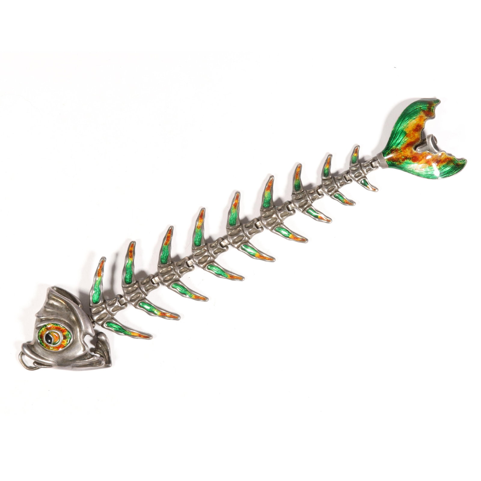 Pietro Sorini Arezzo 1960's fabulous articulated sterling silver fish bone bracelet with vibrant: Pietro Sorini Arezzo 1960's fabulous articulated sterling silver fish bone bracelet with vibrant green and orange metallic enamel details Signed "105 AR" 8 1/2"L x 1 3/4"W