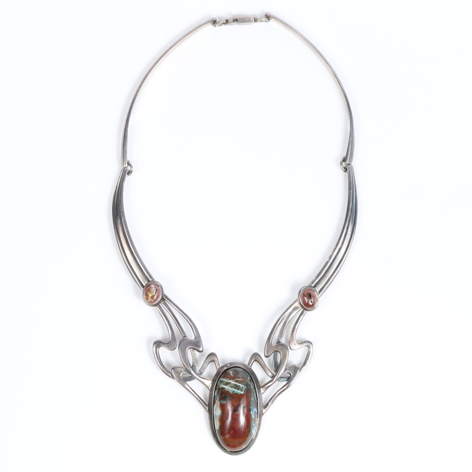 Mexican sterling Art Nouveau style necklace with large calico jasper center stone and boulder opal: Mexican sterling Art Nouveau style necklace with large calico jasper center stone and boulder opal cabochons Approx. 17"L x 2"Drop