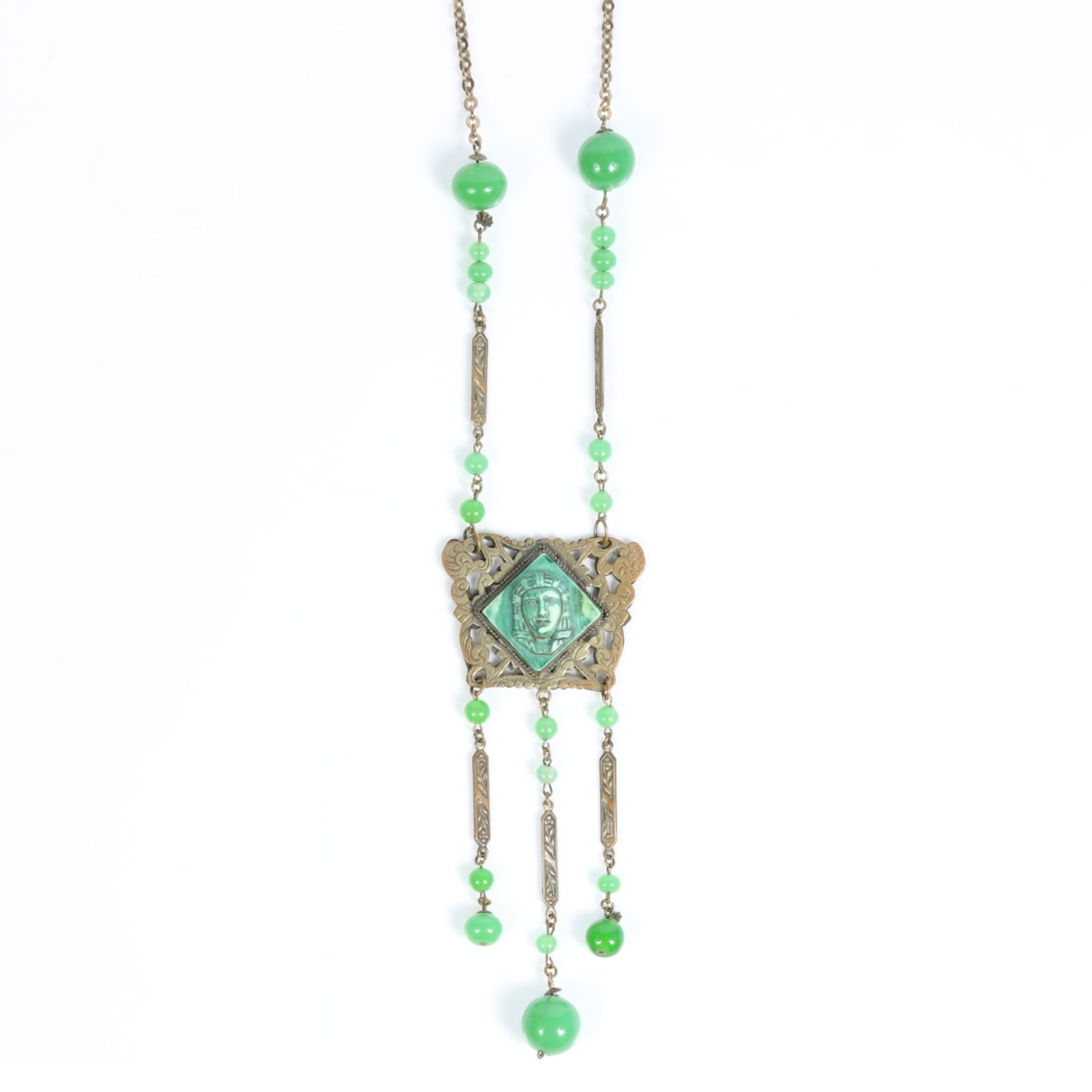 Egyptian Revival Czech glass necklace with pharaoh head and green glass bead dangles on heavy brass (1 of 11)