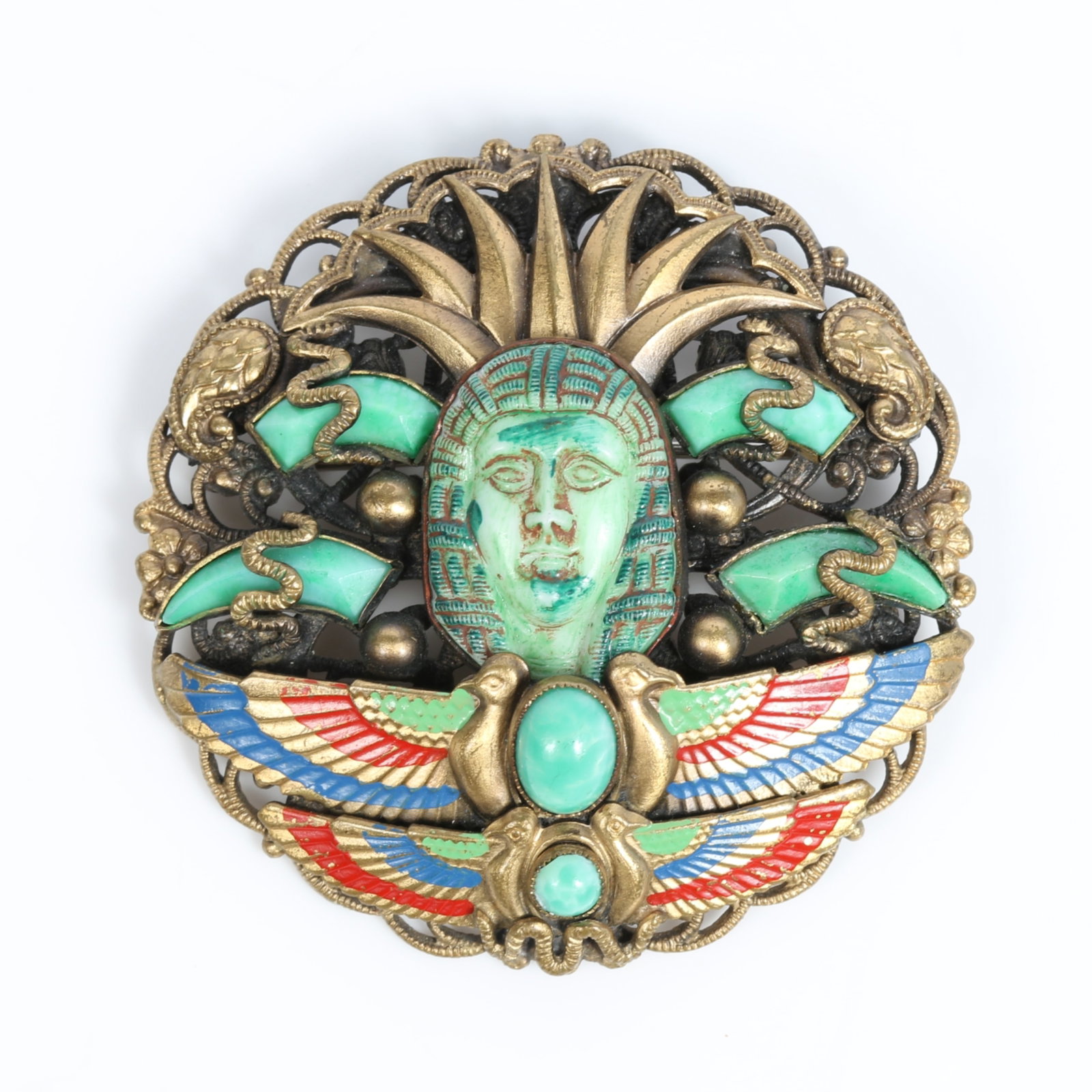 Neiger brothers Egyptian Revival Czech glass brooch with Pharoah head, Peking glass, and brightly (1 of 9)
