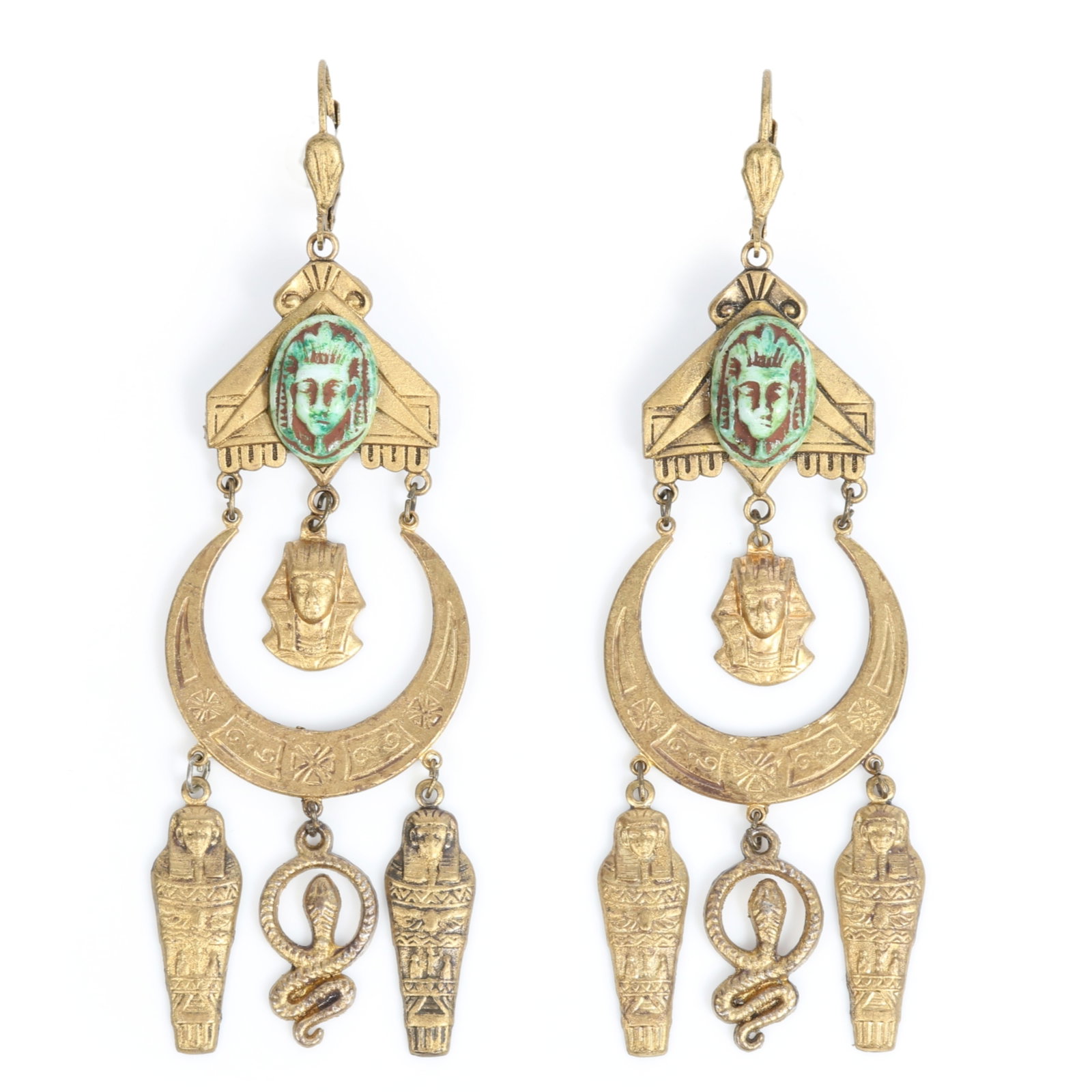 Pair of Egyptian Revival drop earrings with Czech glass Pharoah heads, and mummy and serpent (1 of 9)