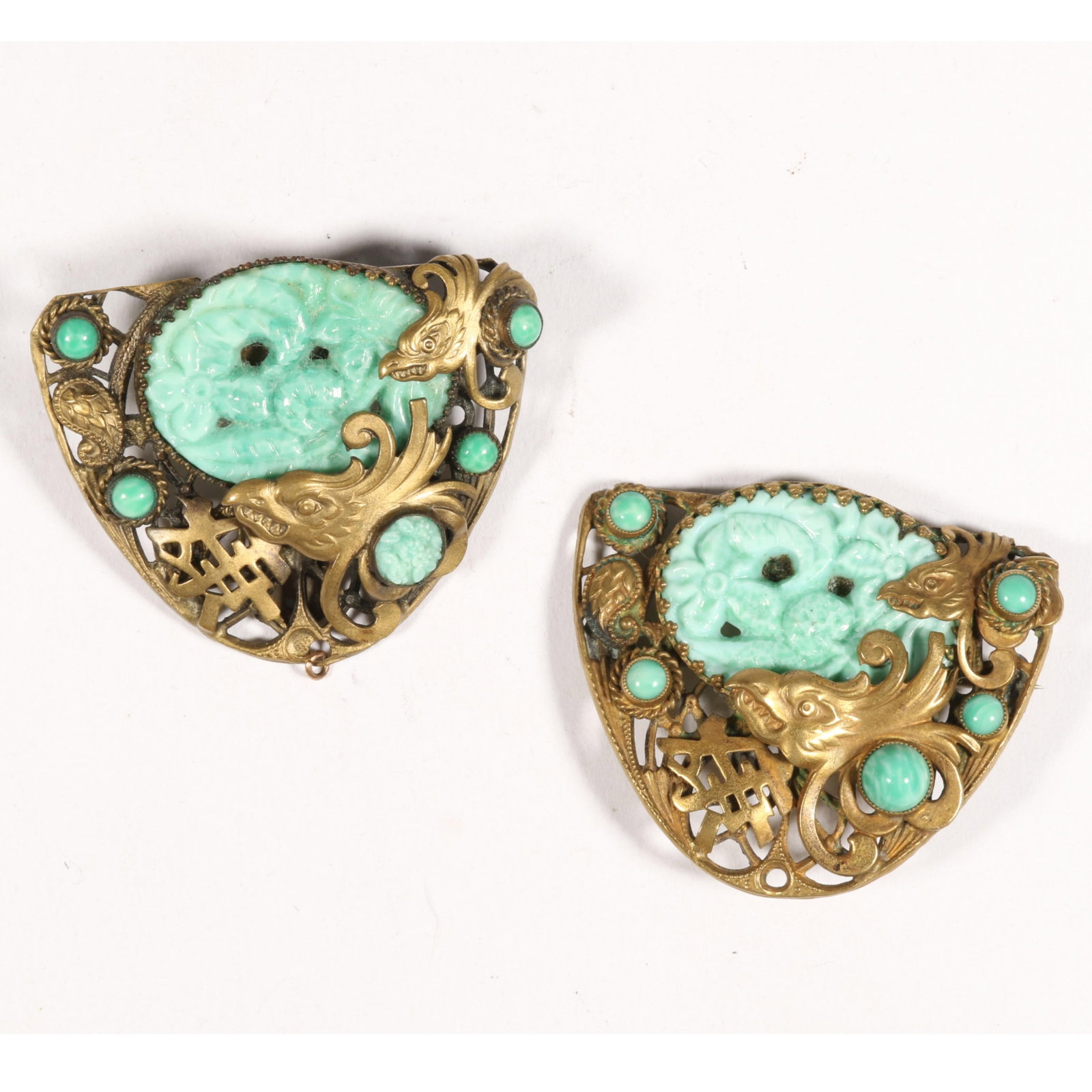 Pair of Chinoiserie style Peking Czech glass converted buckles with bird or dragon motif, attributed: Pair of Chinoiserie style Peking Czech glass converted buckles with bird or dragon motif, attributed to the Neiger brothers, one brooch and one clip 1 5/8"H x 2"W
