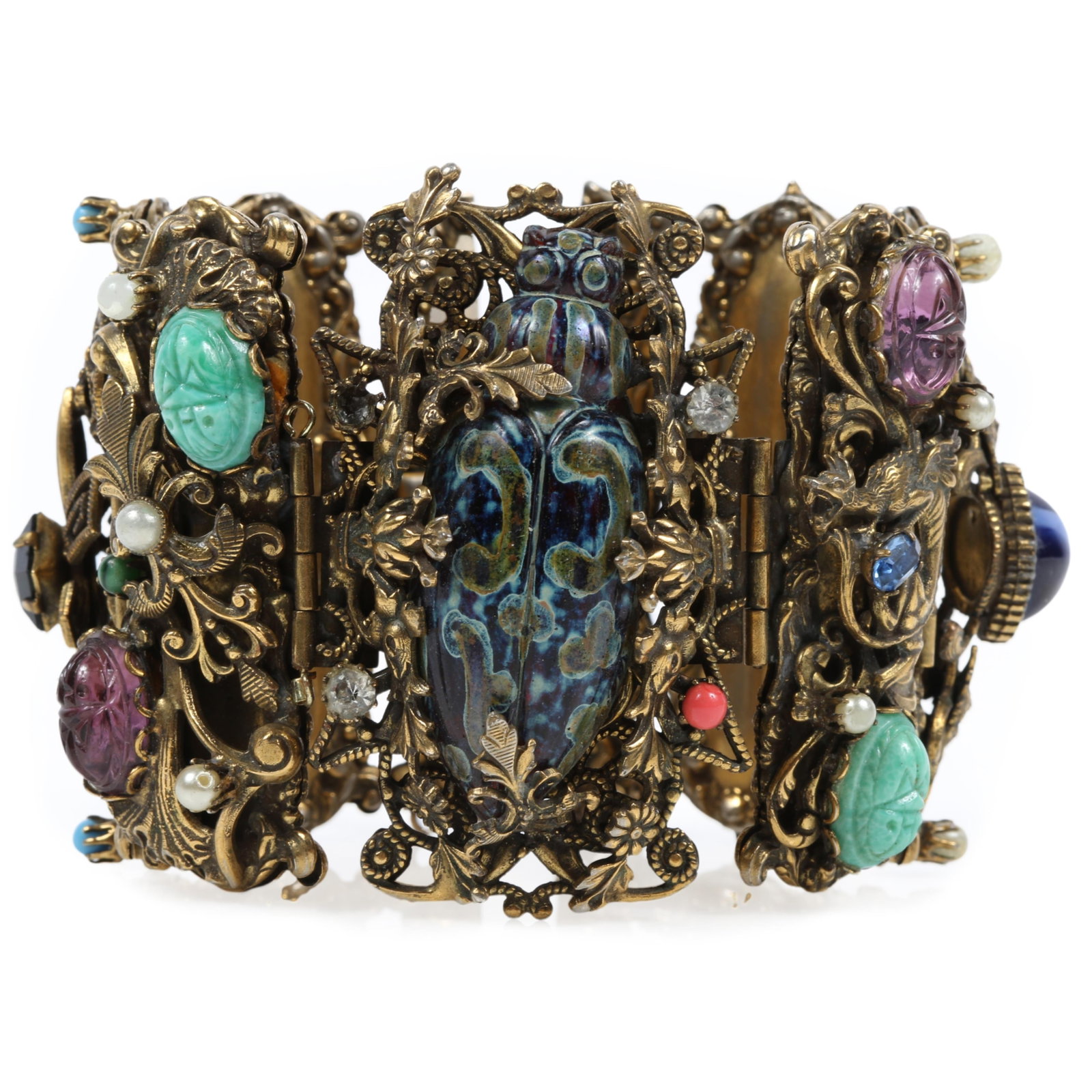 Incredible Egyptian Revival super wide dimensional scarab bracelet with large art glass dimensional (1 of 14)