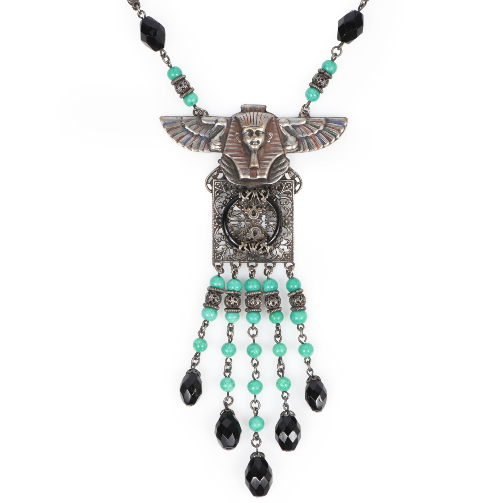 Art Deco Egyptian Revival Czech glass sautoir necklace with winged pharaoh's head and Peking glass (1 of 7)