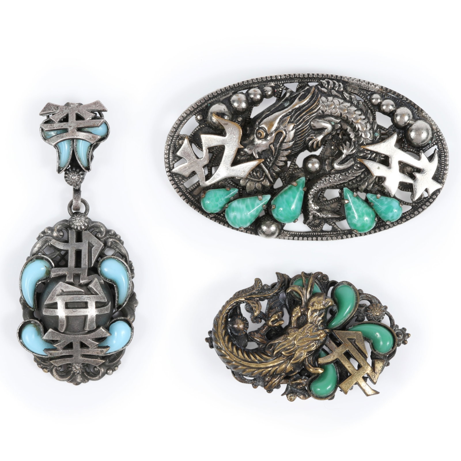 3pc Chinoiserie style Czech glass jewelry group including pair of Peking glass brooches with dragon (1 of 12)