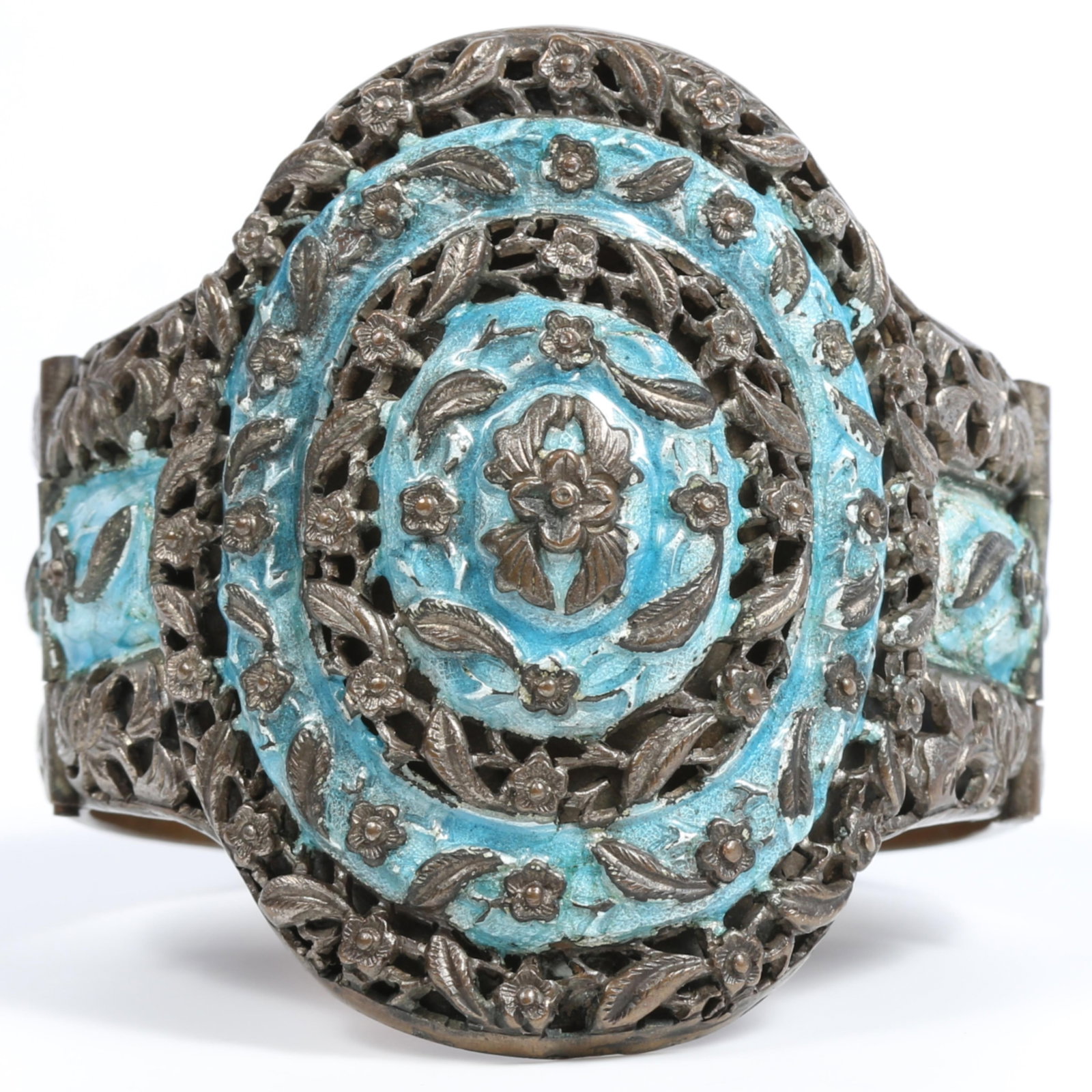 Chinese Export large hinged cuff bracelet with blue enamel and cut-out floral design 2 5/8"H x 2 (1 of 13)