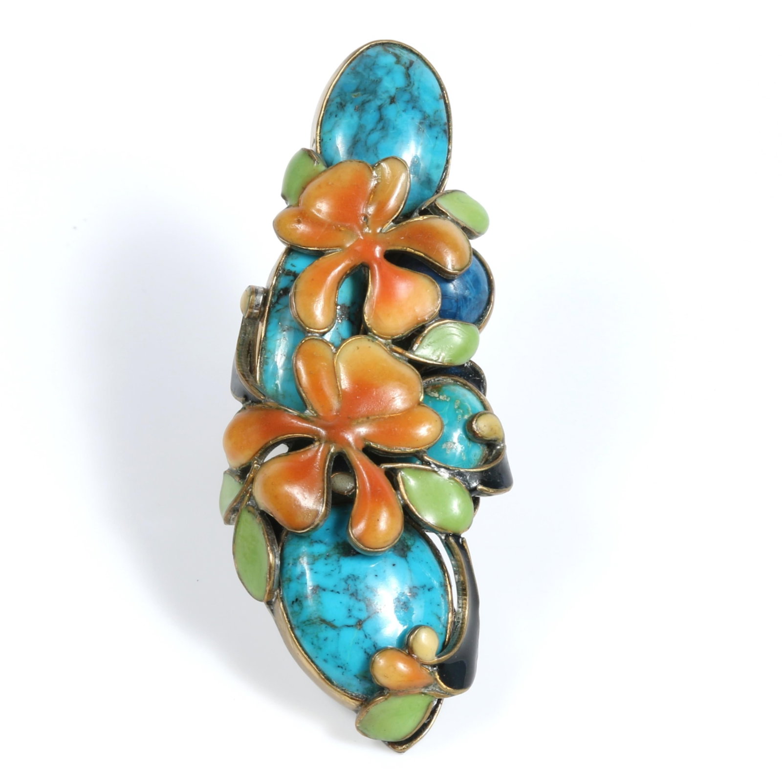 Vintage Vega Maddux very large floral enamel ring with turquoise and lapis lazuli cabochons Size 8 (1 of 11)