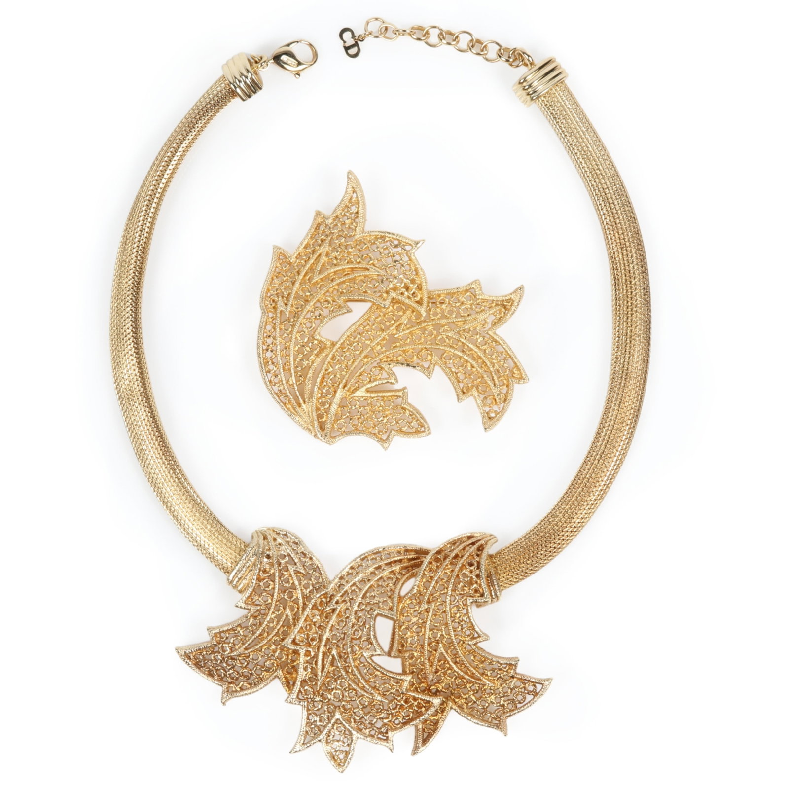Christian Dior Germany 1992 necklace and matching brooch with openwork lace foliage design, and: Christian Dior Germany 1992 necklace and matching brooch with openwork lace foliage design, and snake chain 15 1/2" to 17 1/2"" x 2/3/4"W (necklace)