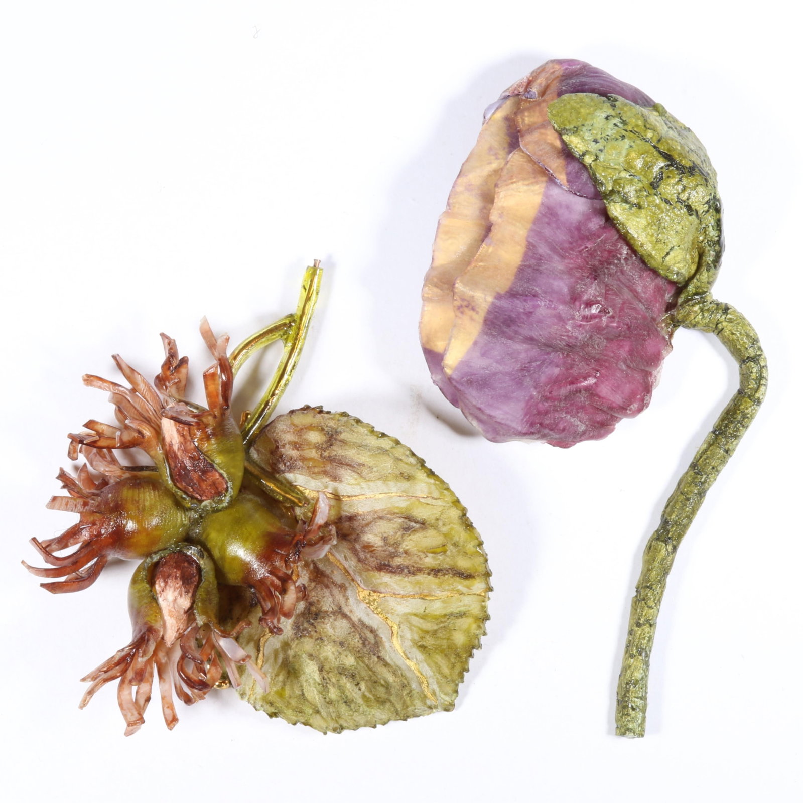Pair of Fabrice Paris handmade dimensional acrylic flower brooches 5"H x 2 1/2"W (purple) (1 of 10)