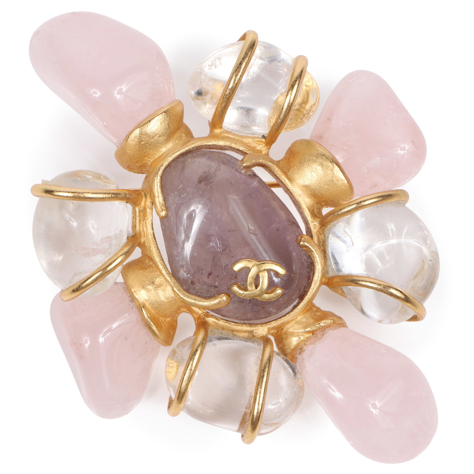 Chanel pendant brooch with rose and colorless tumbled quartz stones 2 1/2"H x 2 1/2"W (1 of 6)