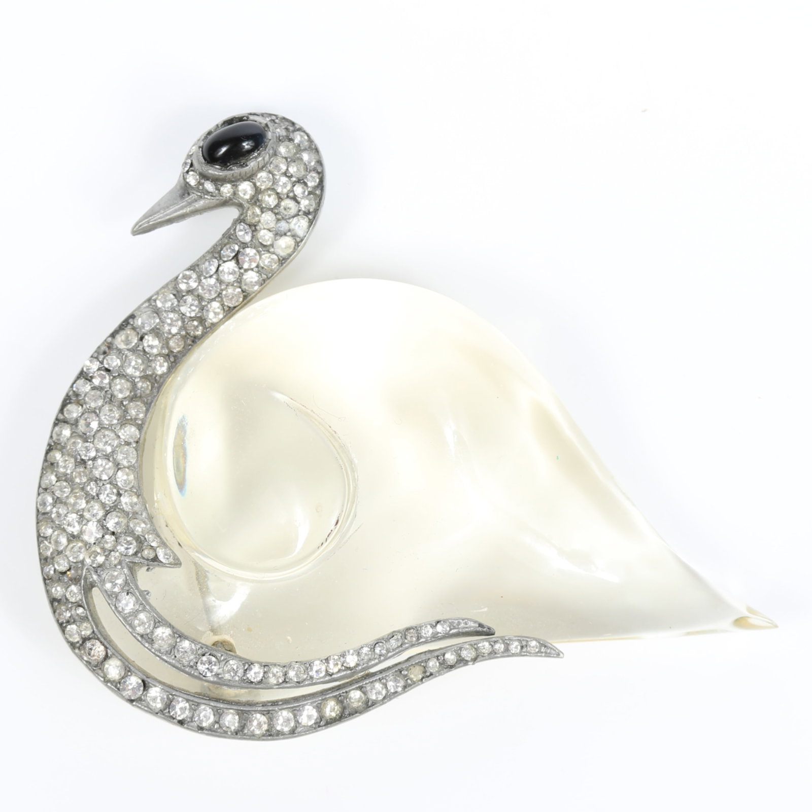 Trifari 1941 "Bel Geddes Swan" jelly belly swan brooch with black glass cabochon eye and rhinestone (1 of 11)