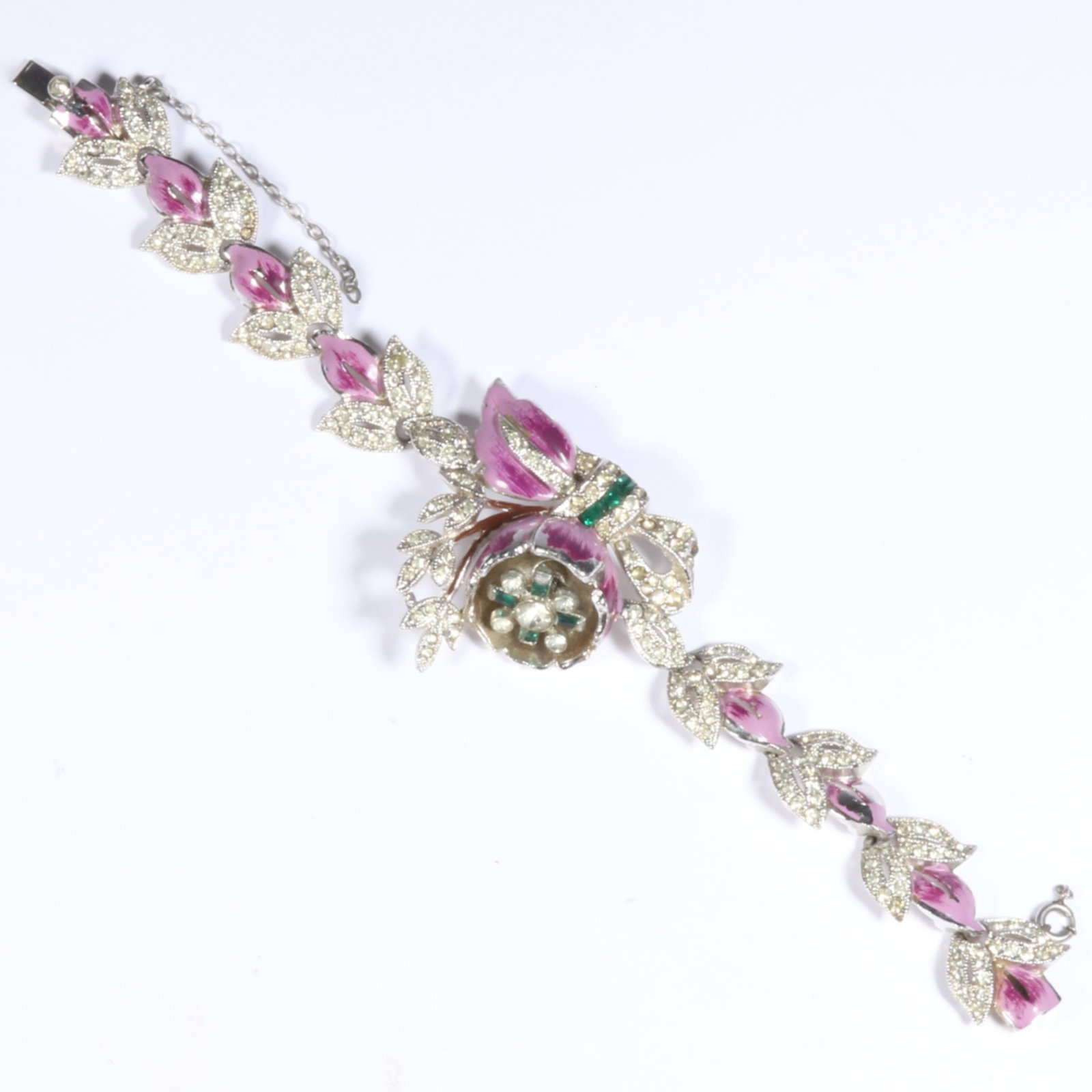 Coro Quivering Camellia trembler bracelet with purple enamel and pave rhinestone detail 7"L x 1: Coro Quivering Camellia trembler bracelet with purple enamel and pave rhinestone detail 7"L x 1 1/2"W