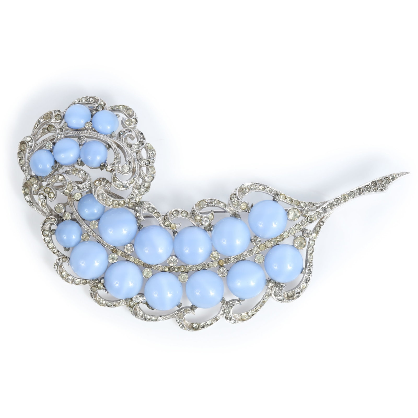 Giant Coro feather brooch with Lucite moonglow cabochons and pave rhinestone crystals 5"H x 3"W (1 of 10)