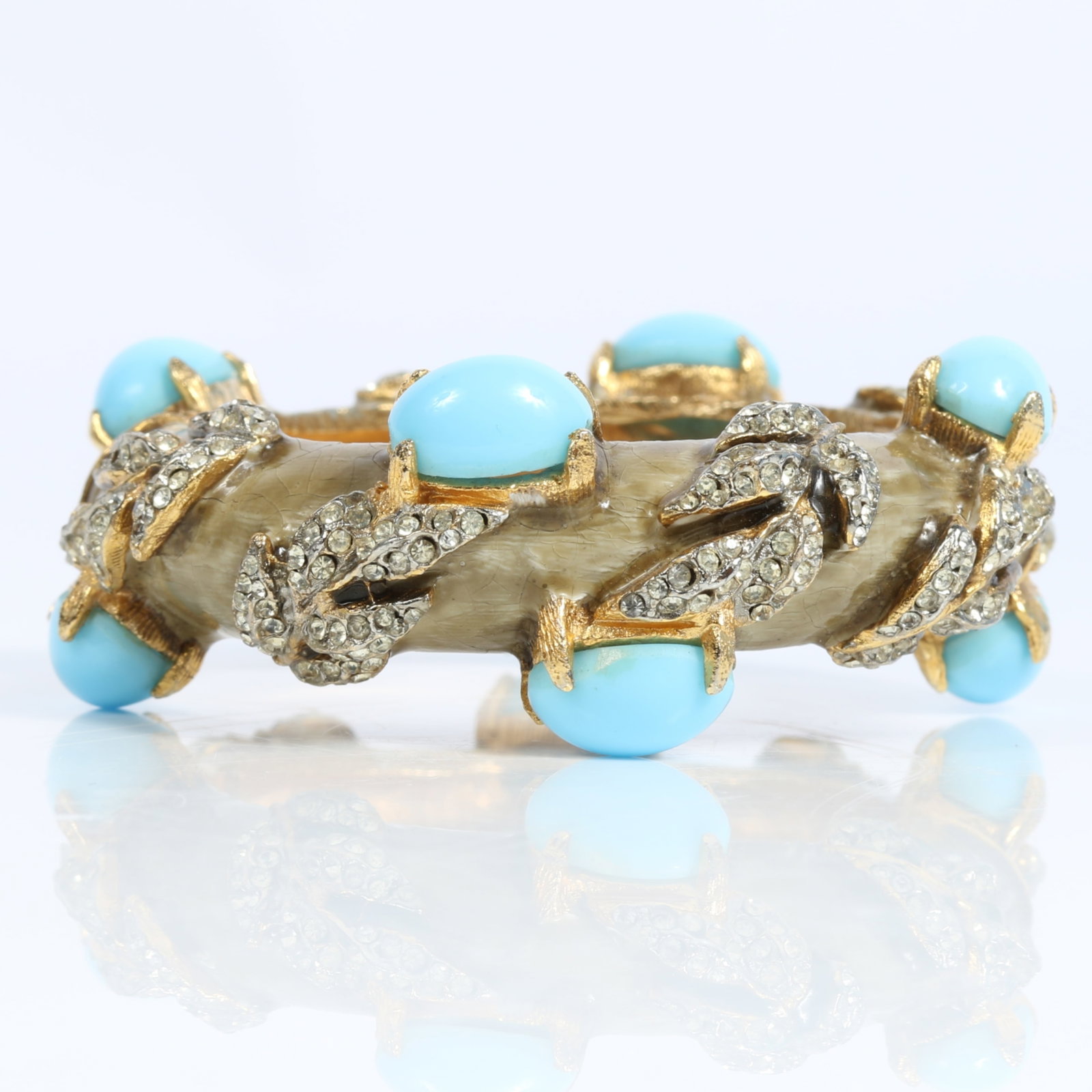 Kenneth Jay Lane KJL hinged enameled cuff bracelet with large faux turquoise cabochon gems and pave (1 of 13)