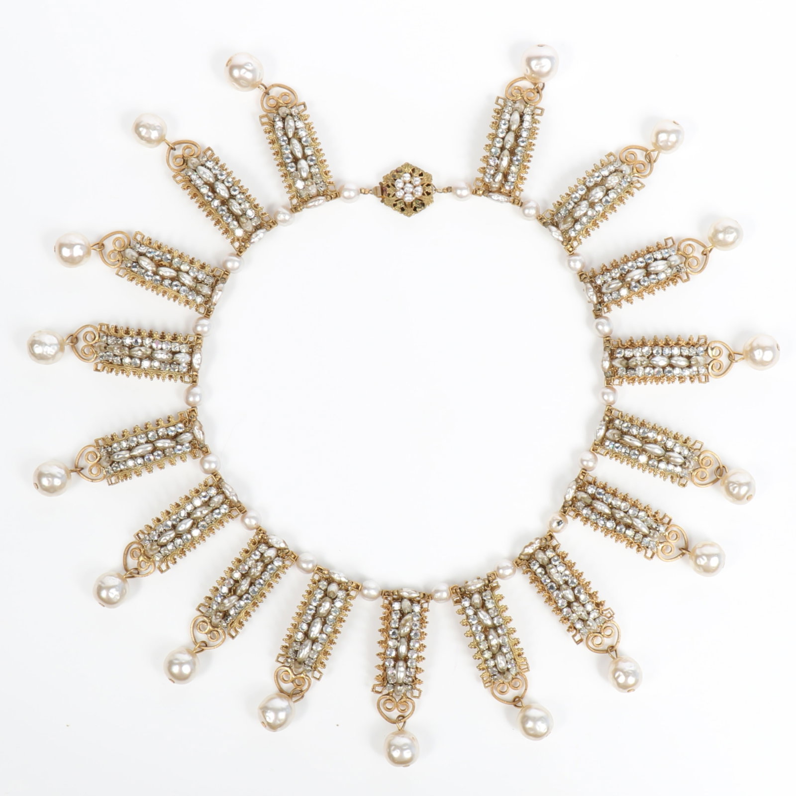Vintage Miriam Haskell drop collar necklace with petals of faux pearls and rhinestones, and: Vintage Miriam Haskell drop collar necklace with petals of faux pearls and rhinestones, and suspended faux Baroque pearl drops 15"L x 2"W
