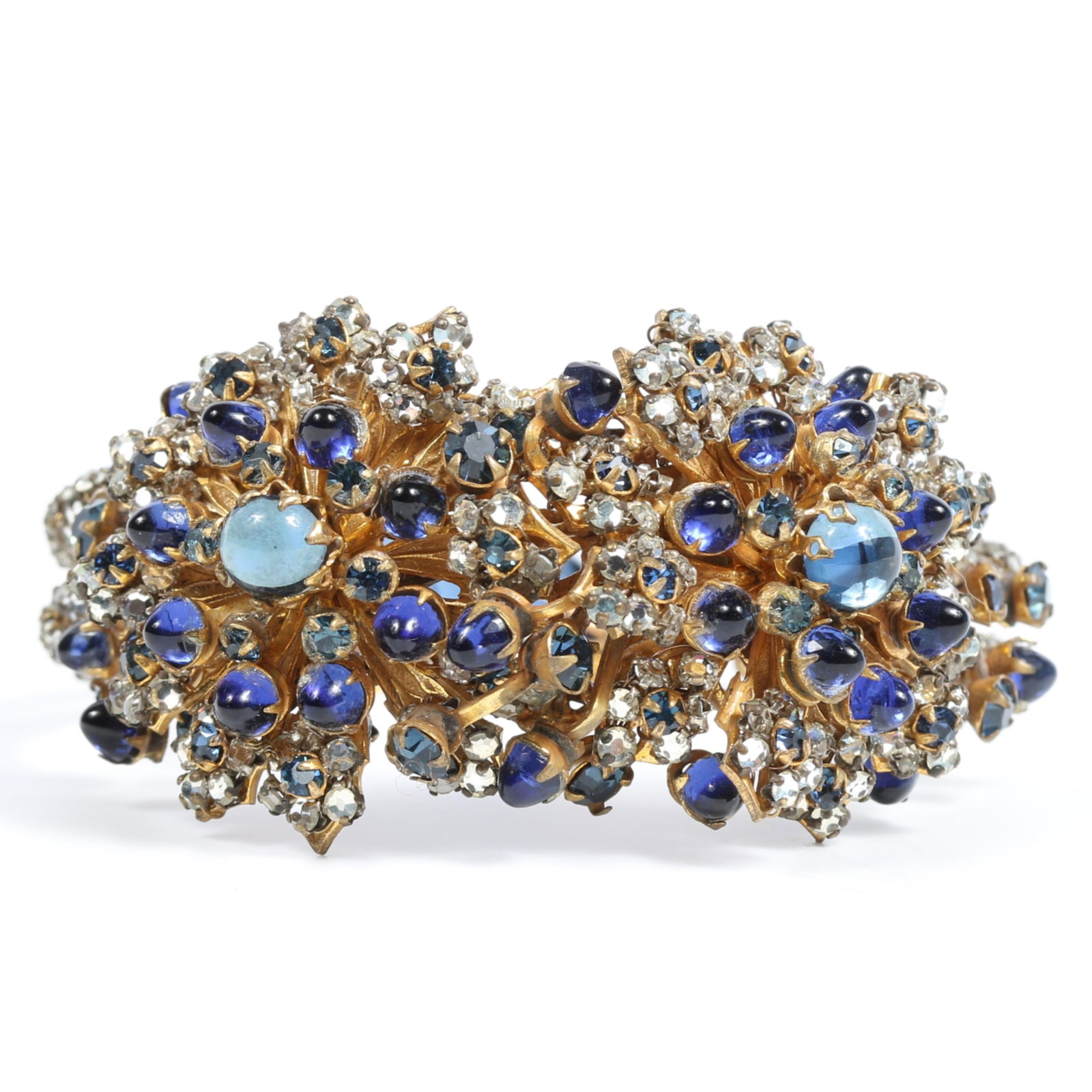 Miriam Haskell cuff bracelet featuring large, luminous moonstone glass cabochons at the center of (1 of 19)