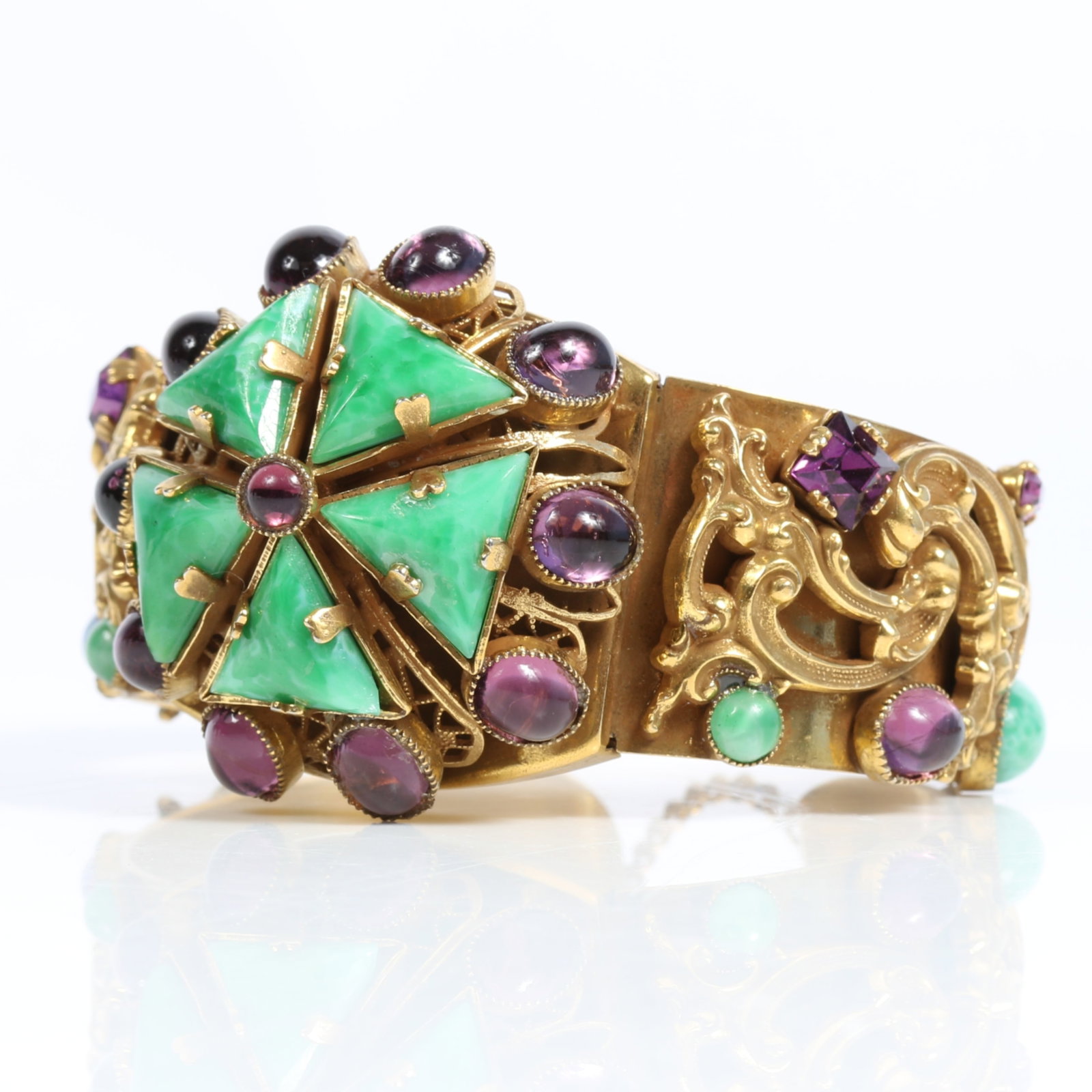 Sandor mid century dual tension cuff bracelet with jade green glass panels, and amethyst glass: Sandor mid century dual tension cuff bracelet with jade green glass panels, and amethyst glass cabochons and jewels 1 1/2"W x 2 1/4"W