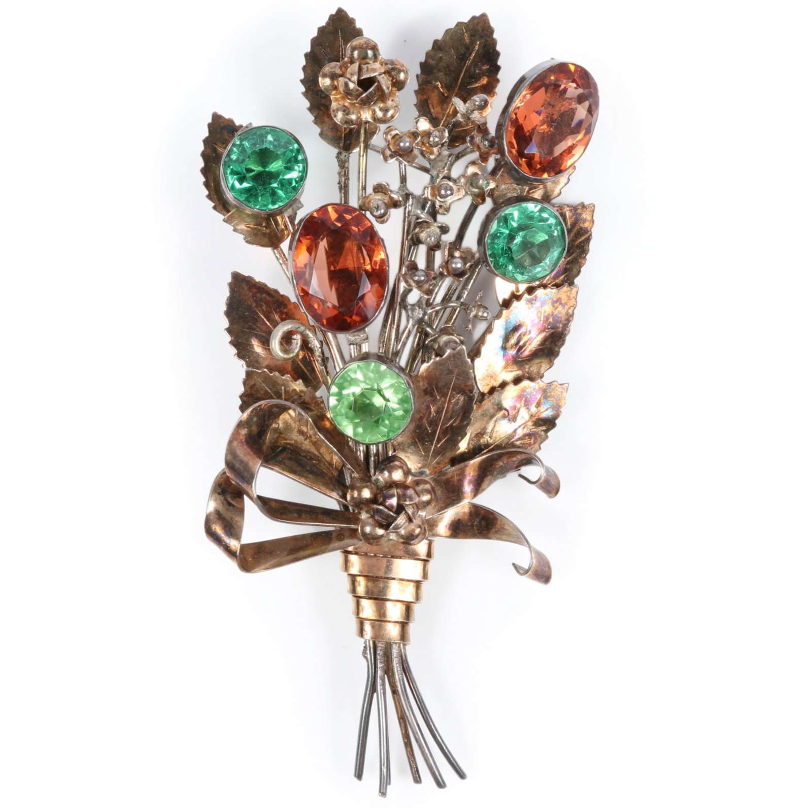 Hobe sterling vermeil floral bouquet brooch with large orange and green jewels 4 3/8"H x 2 1/4"W (1 of 10)