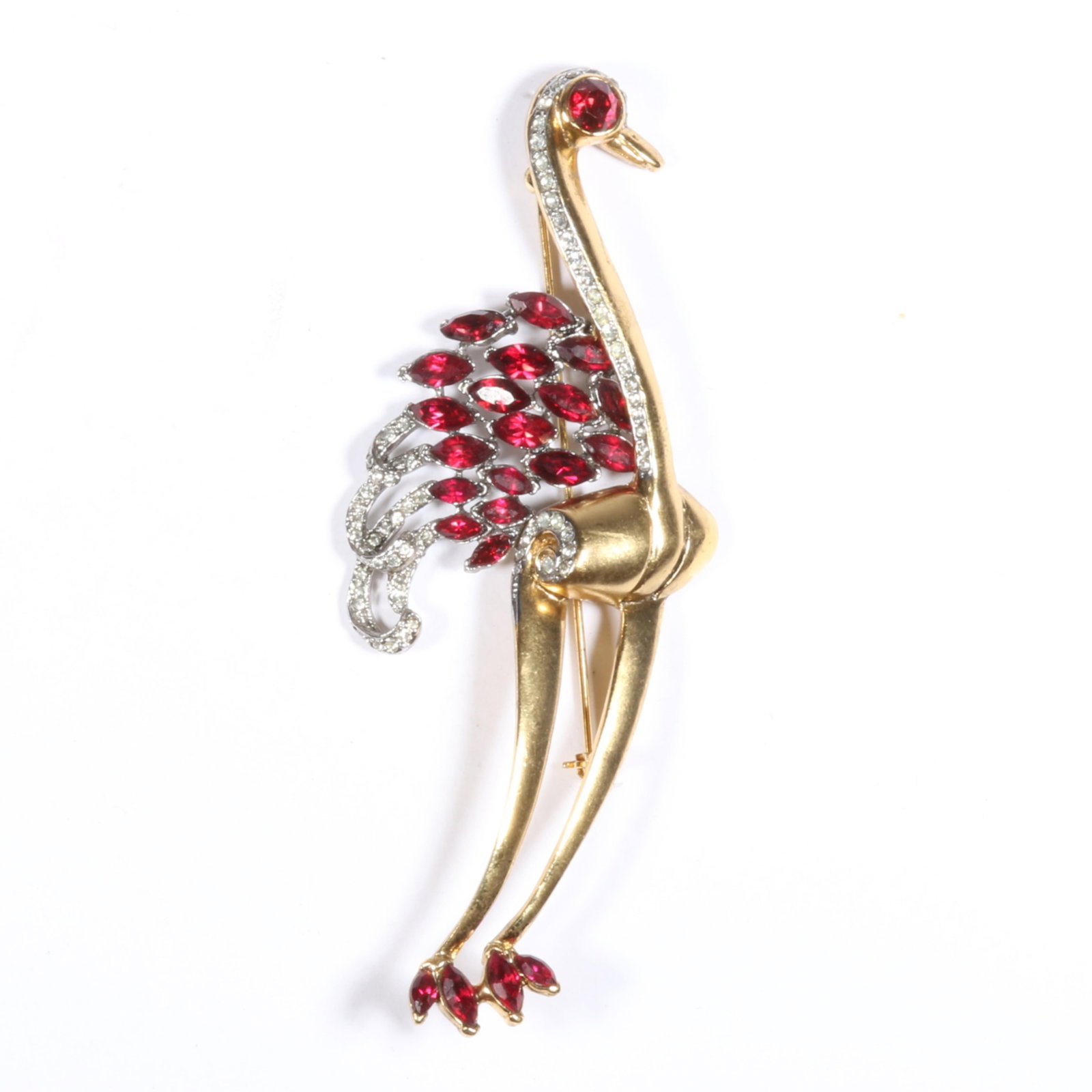 Coro Craft / CoroCraft large 1940's sterling vermeil ostrich bird brooch with ruby red and diamante: Coro Craft / CoroCraft large 1940's sterling vermeil ostrich bird brooch with ruby red and diamante rhinestone crystals 4 1/2"H x 1 3/4"W