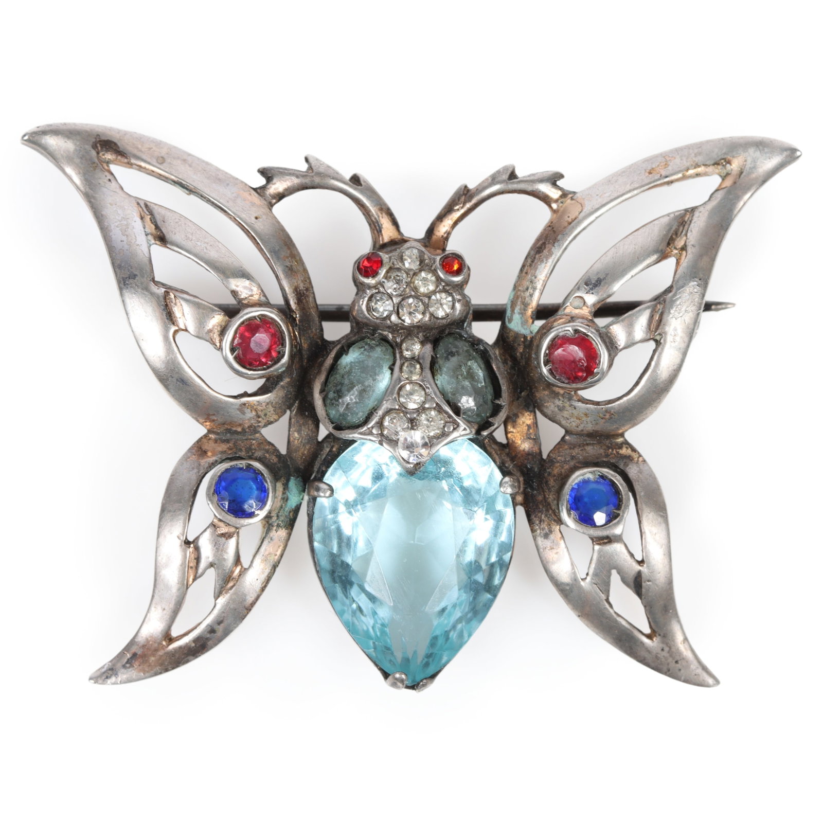 Reja sterling vermeil retro butterfly jewel belly brooch with blue, red, and diamante rhinestone: Reja sterling vermeil retro butterfly jewel belly brooch with blue, red, and diamante rhinestone detail Loss of vermeil, signature is almost worn away 1 1/2"H x 2"W