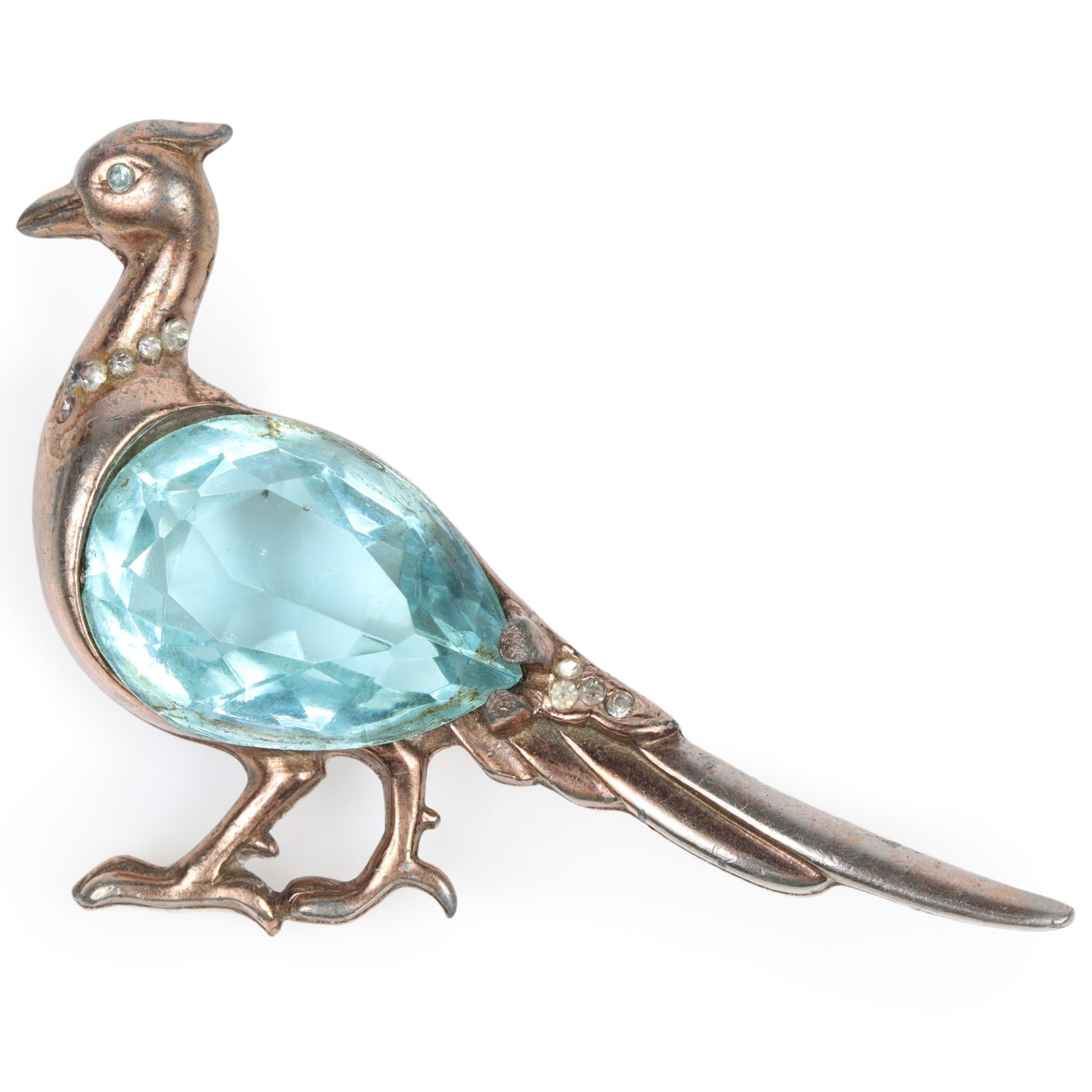 Reja retro pheasant bird jewel belly brooch with rhinestone crystal detail, unsigned 1 3/4"H x 2 (1 of 8)