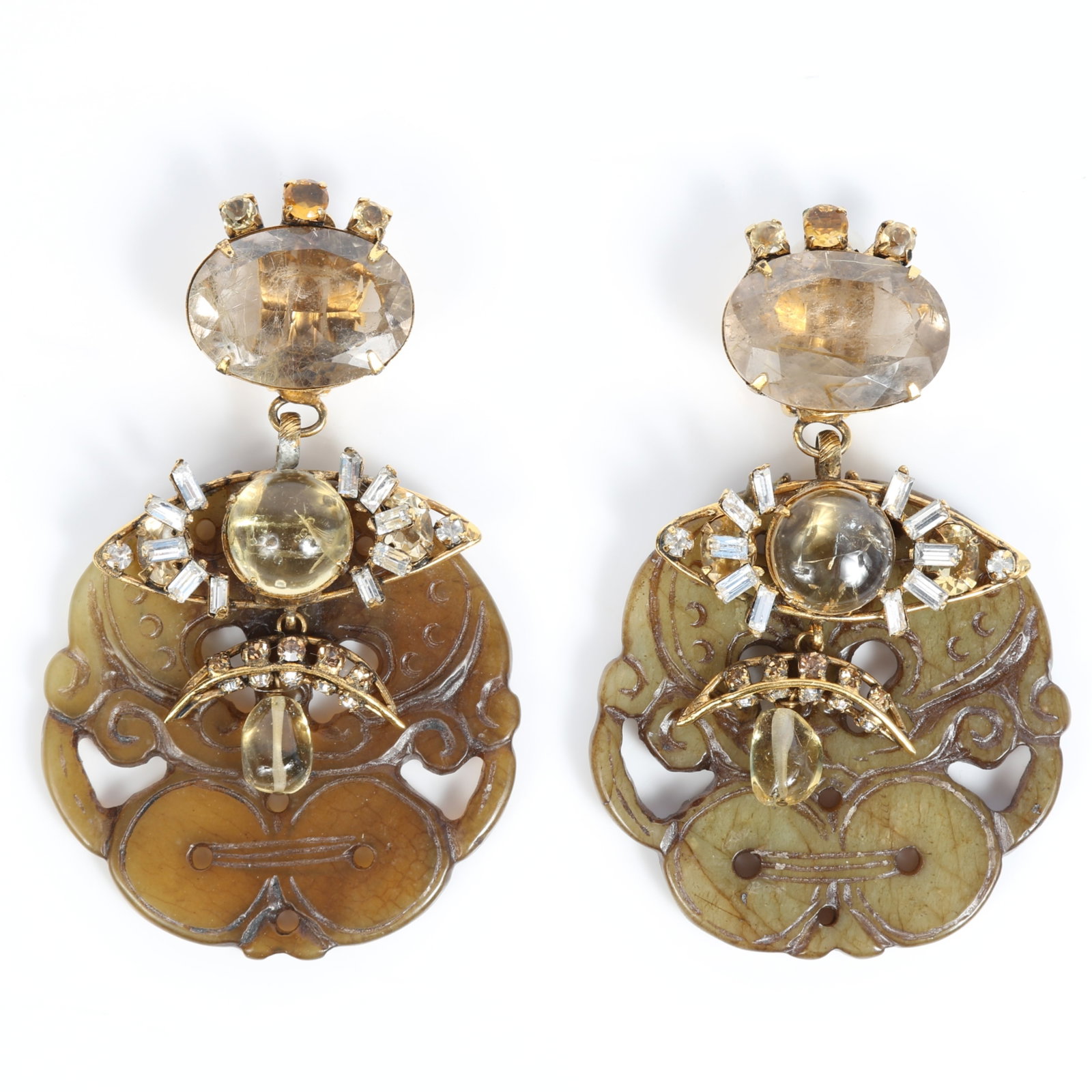 Iradji Moini large drop earrings with carved natural jade like stones, rutilated quartz, citrine, (1 of 13)