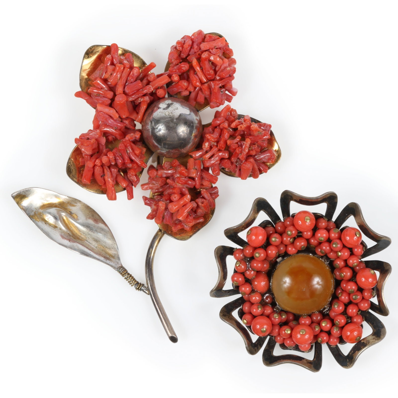 Nettie Rosenstein 2pc group: large sterling vermeil flower fur clip with branch coral decorated (1 of 17)