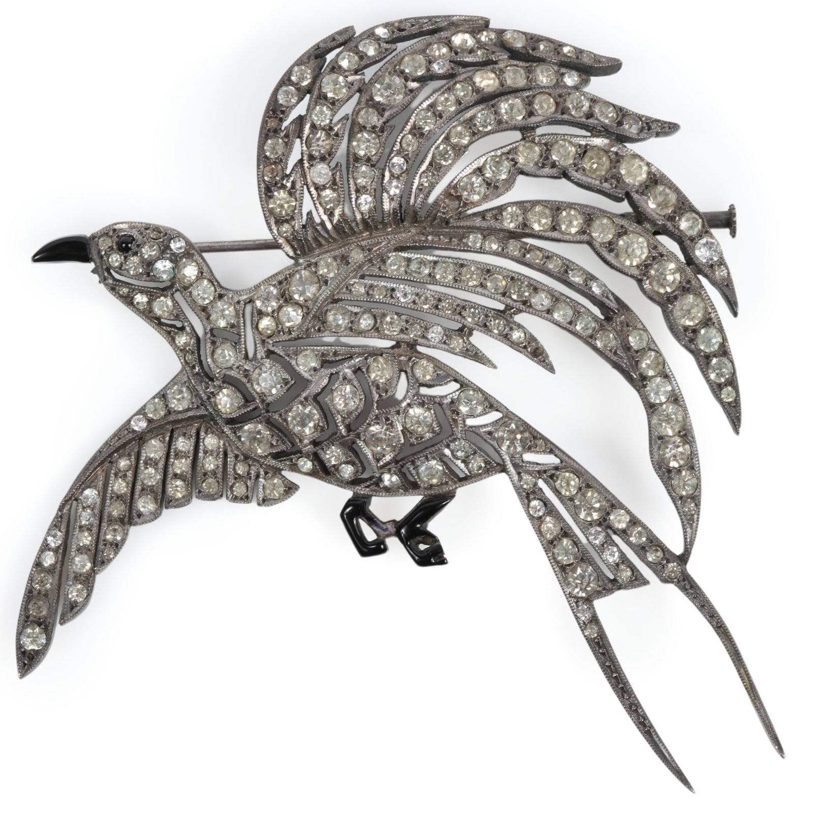 Large sterling silver Art Deco bird brooch with rhinestone crystals and black glass detail, signed: Large sterling silver Art Deco bird brooch with rhinestone crystals and black glass detail, signed "Creation Supra" Unmarked, tested 3"H x 3"W