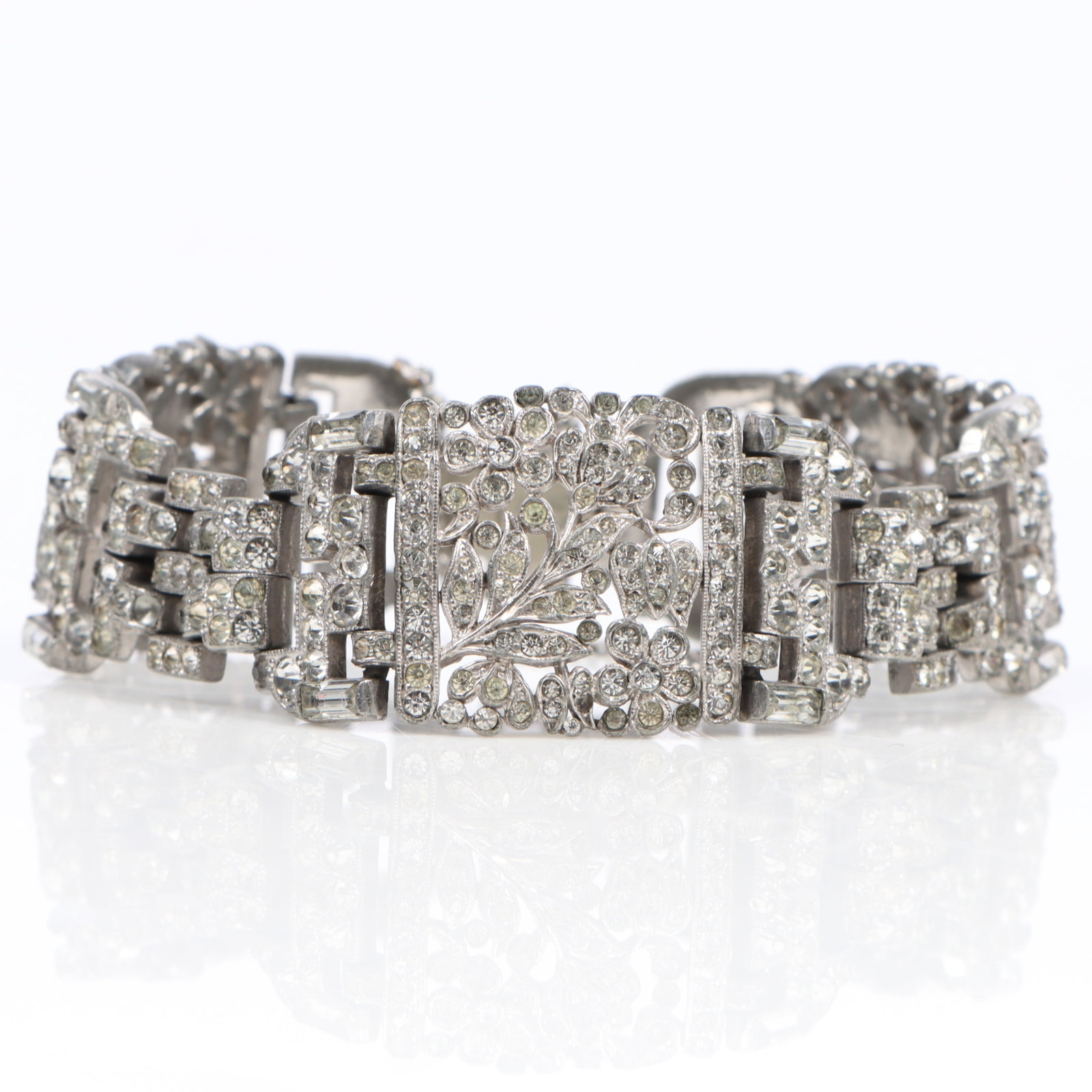 Trifari diamante rhinestone crystal panel bracelet with floral design 7 1/4"Long x 1"W (1 of 6)