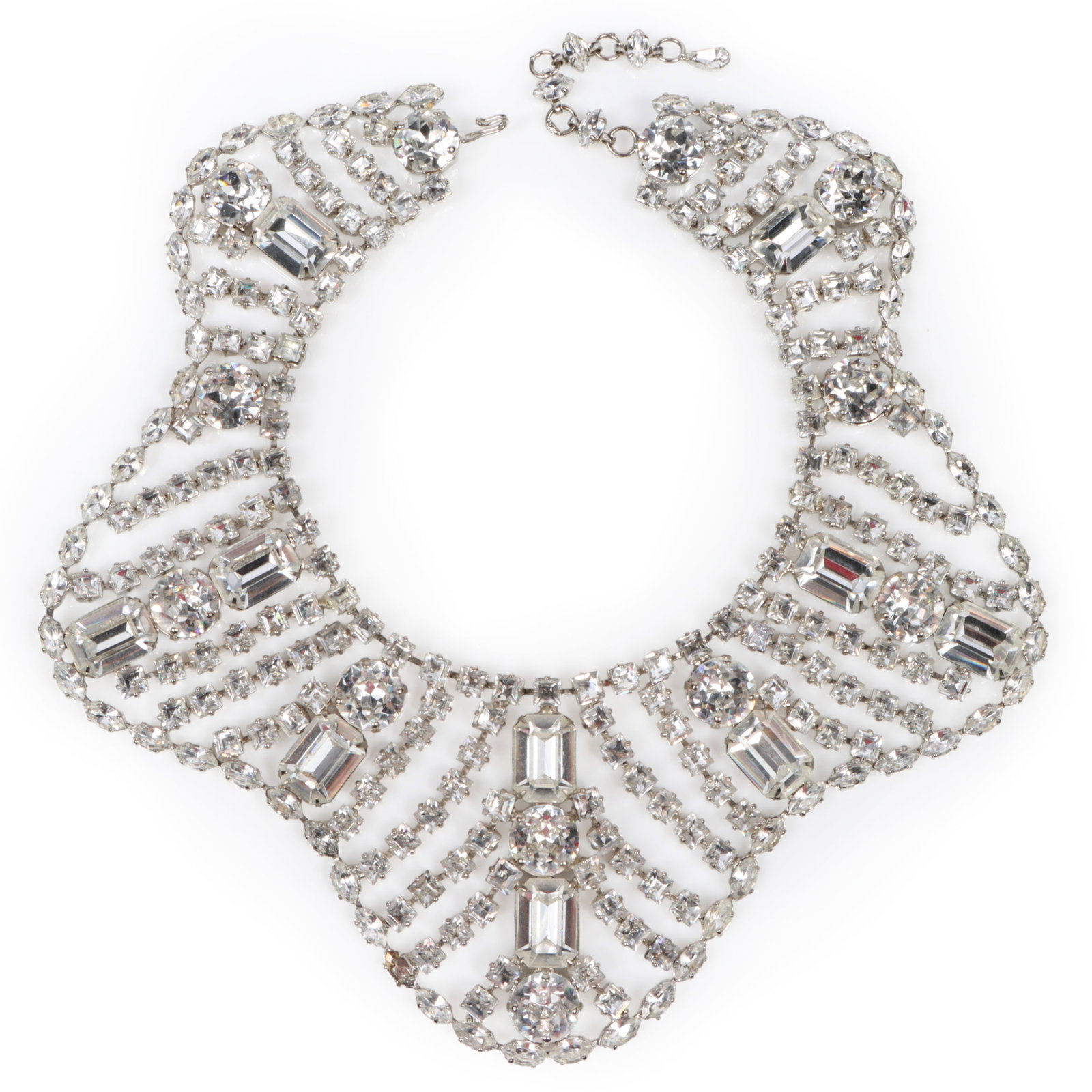 Fabulous Schreiner diamante rhinestone crystal collar bib necklace, unsigned 15"Long x 3 1/4"W (1 of 8)