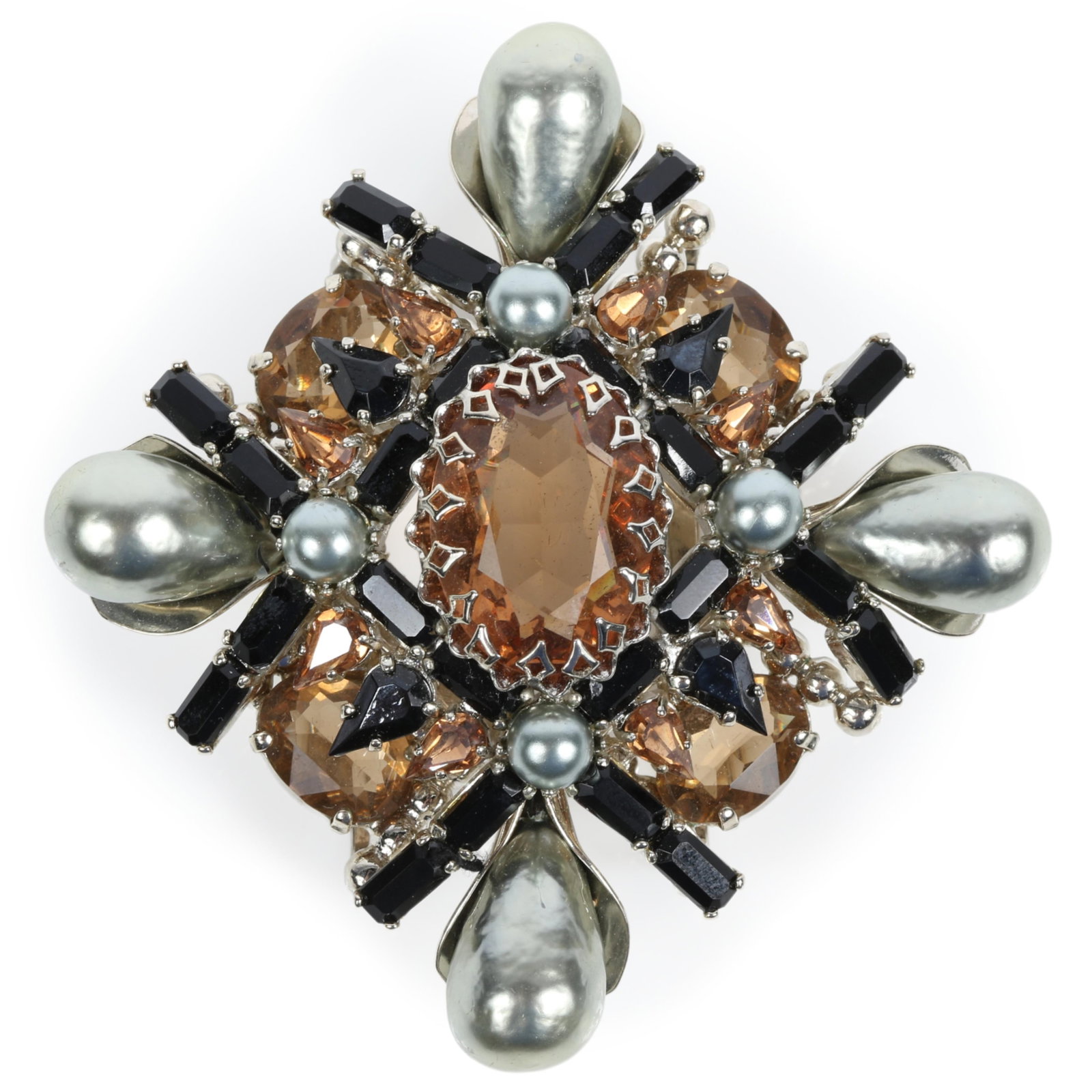 Rare Schreiner buckle with large amber jewels, faux pearls, and black rhinestones, unsigned 3 1/4"H: Rare Schreiner buckle with large amber jewels, faux pearls, and black rhinestones, unsigned 3 1/4"H x 3 1/8"W