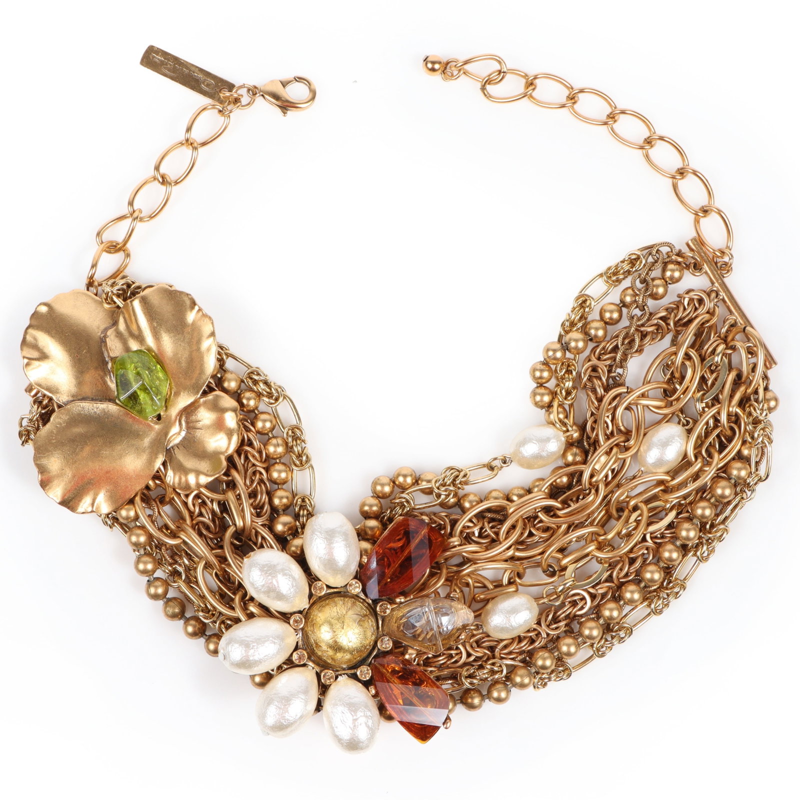 Oscar de la Renta designer runway multi chain necklace with statement stylized flowers and faux (1 of 9)