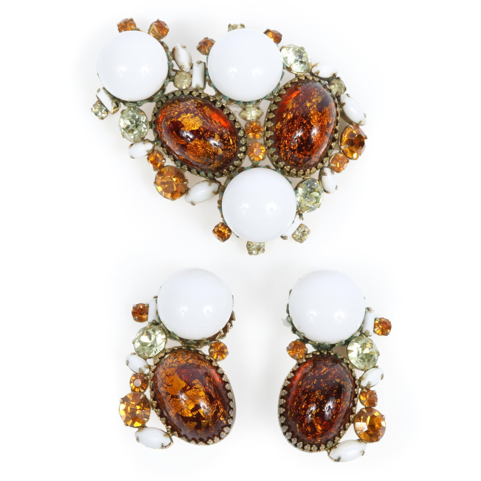 Alice Caviness demi parure brooch and earrings featuring amber foiled art glass cabochons, milk (1 of 11)
