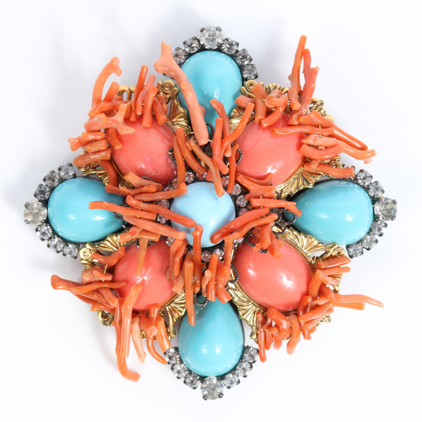 VRBA huge branch coral, rhinestone, faux turquoise, and faux coral brooch with gold tone accents 4: VRBA huge branch coral, rhinestone, faux turquoise, and faux coral brooch with gold tone accents 4 1/8"H x 4 1/8"W