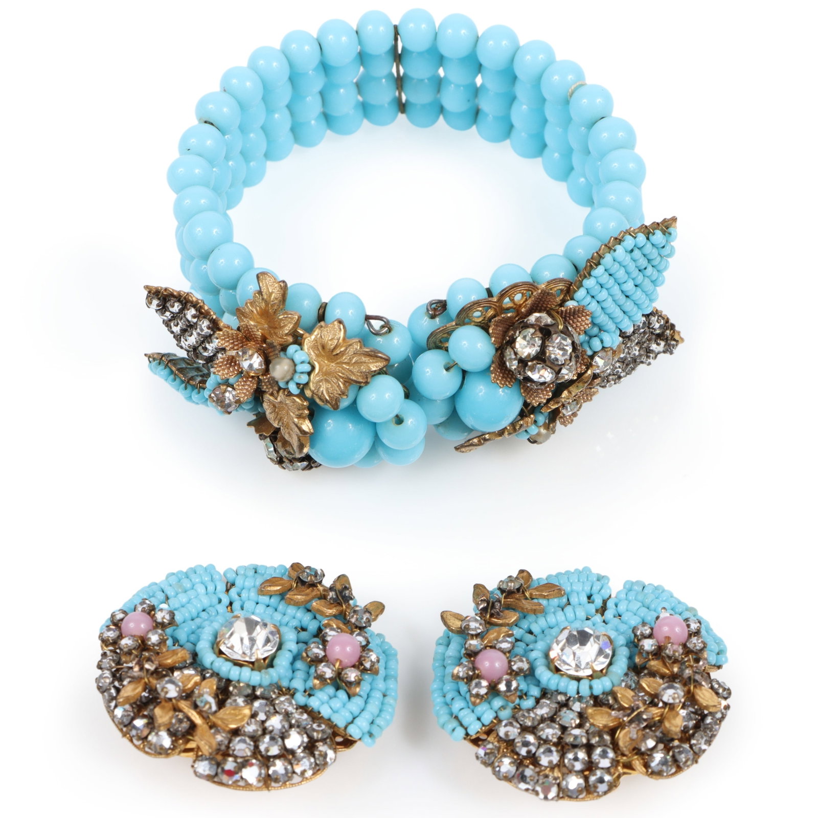 Jonne floral beaded bracelet and matching earring set with gold tone leaves, beaded accent petals, (1 of 11)