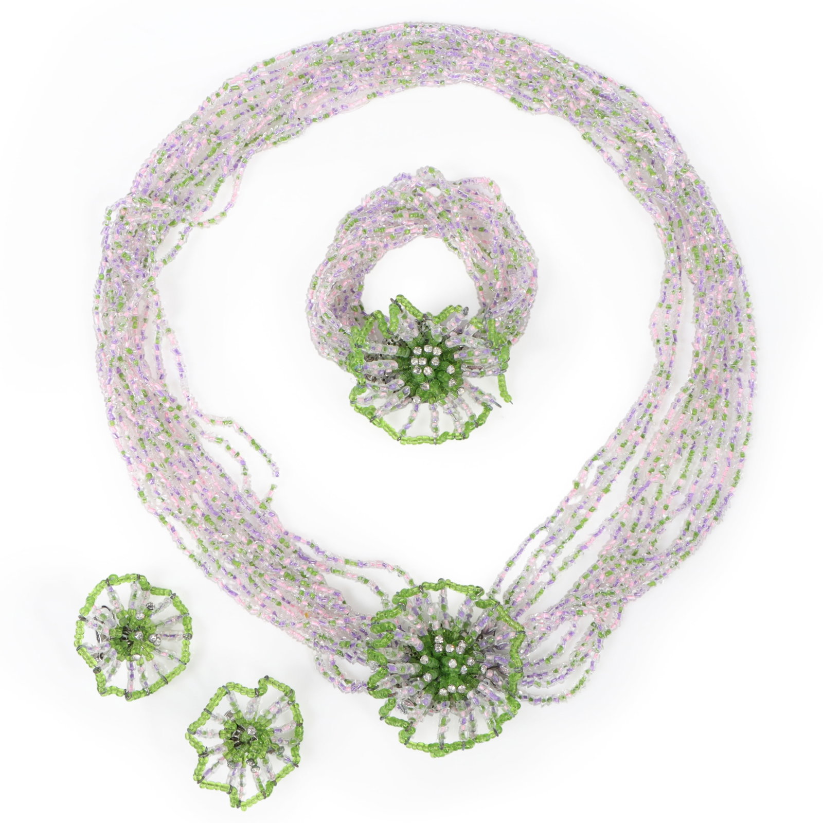 1960's Vendome multi strand green, pink, and lavender seed bead book piece parure with beaded (1 of 13)